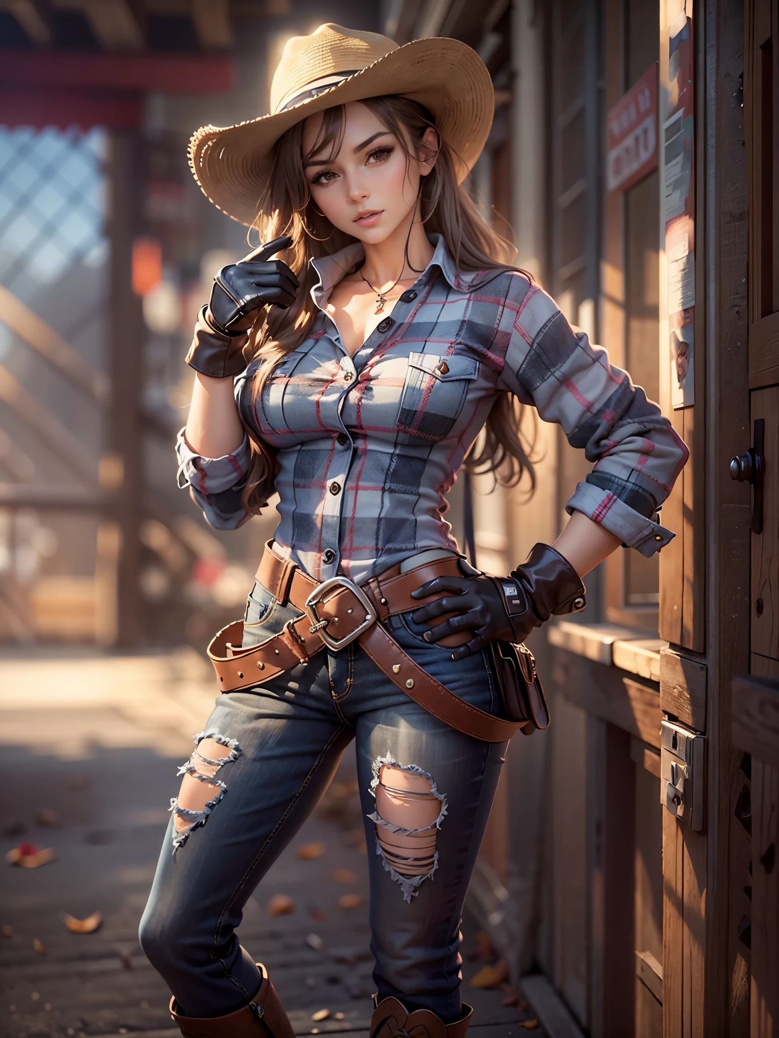 Masterpiece, art, full body shot, young beautiful woman, flawless skin, textured skin, very large firm breasts, perfect proportions, cowgirl, plaid shirt, jeans, boots, hat, gloves, lasso, anime, sexy, erotic, UHD resolution, realistic detail, realistic reflections, realistic shadows, 3D, 