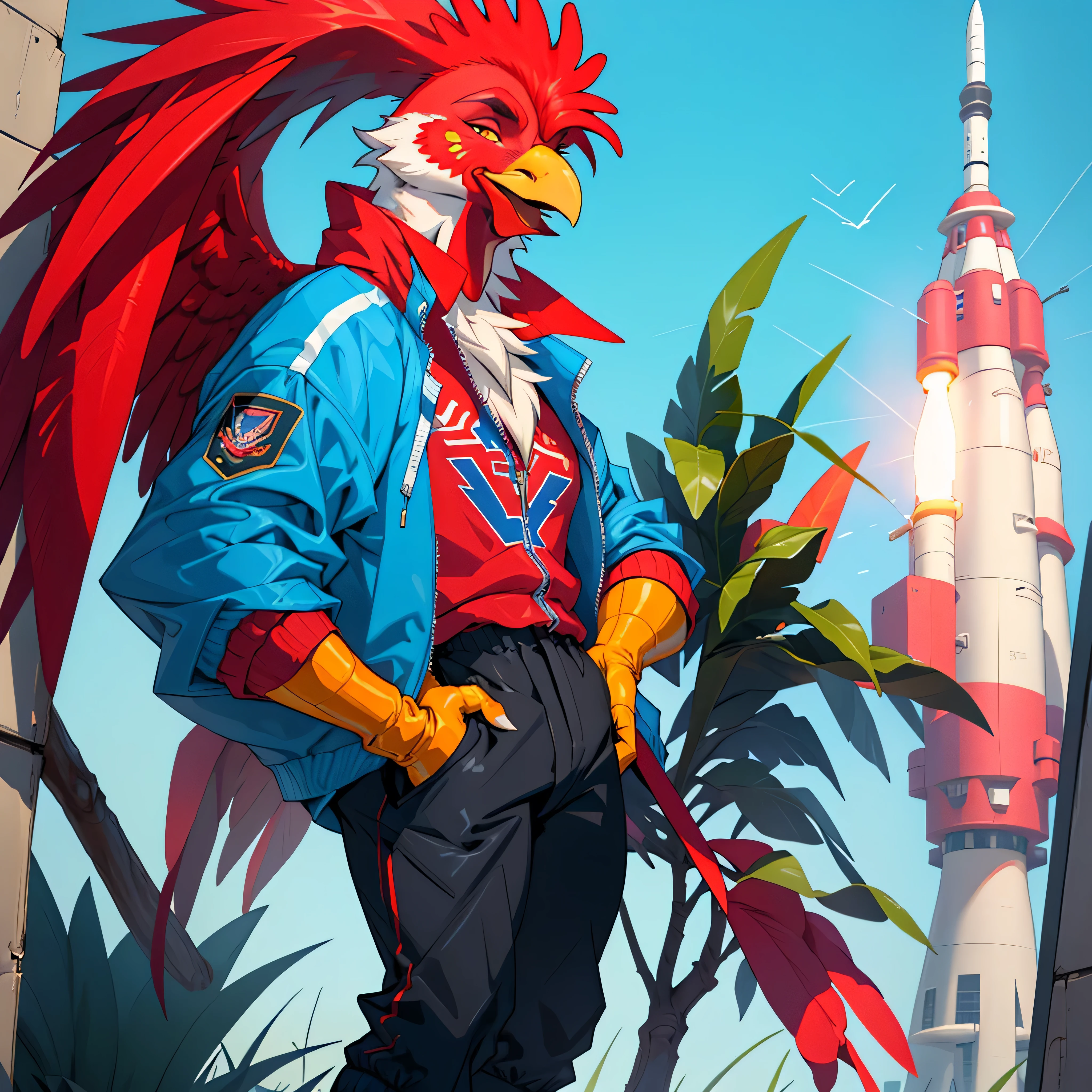 anthro rooster, male, full body, wings, portrait, (beak), windbreaker, powerplant, macro shot, pants, shirt, watching a rocket