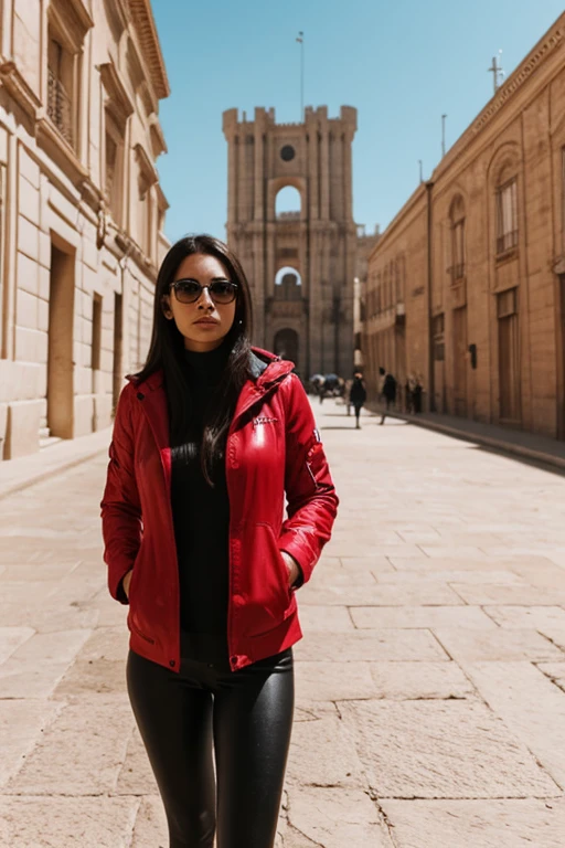 32K Fotografia de una mujer con leggins rojos y chaqueta de cuero roja sin ropa interior, sin sujetador, tomada en las torres de quart de Valencia, Spain in broad daylight