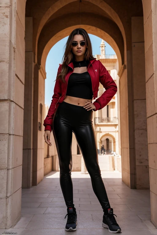 32K Fotografia de una mujer con leggins rojos y chaqueta de cuero roja sin ropa interior, sin sujetador, tomada en las torres de quart de Valencia, Spain in broad daylight