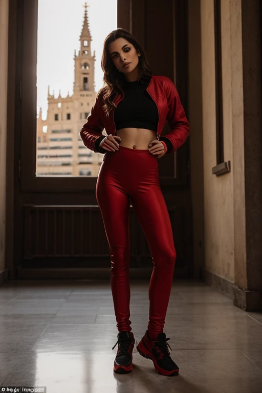 32K Fotografia de una mujer con leggins rojos y chaqueta de cuero roja sin ropa interior, sin sujetador, tomada en las torres de quart de Valencia, Spain in broad daylight
