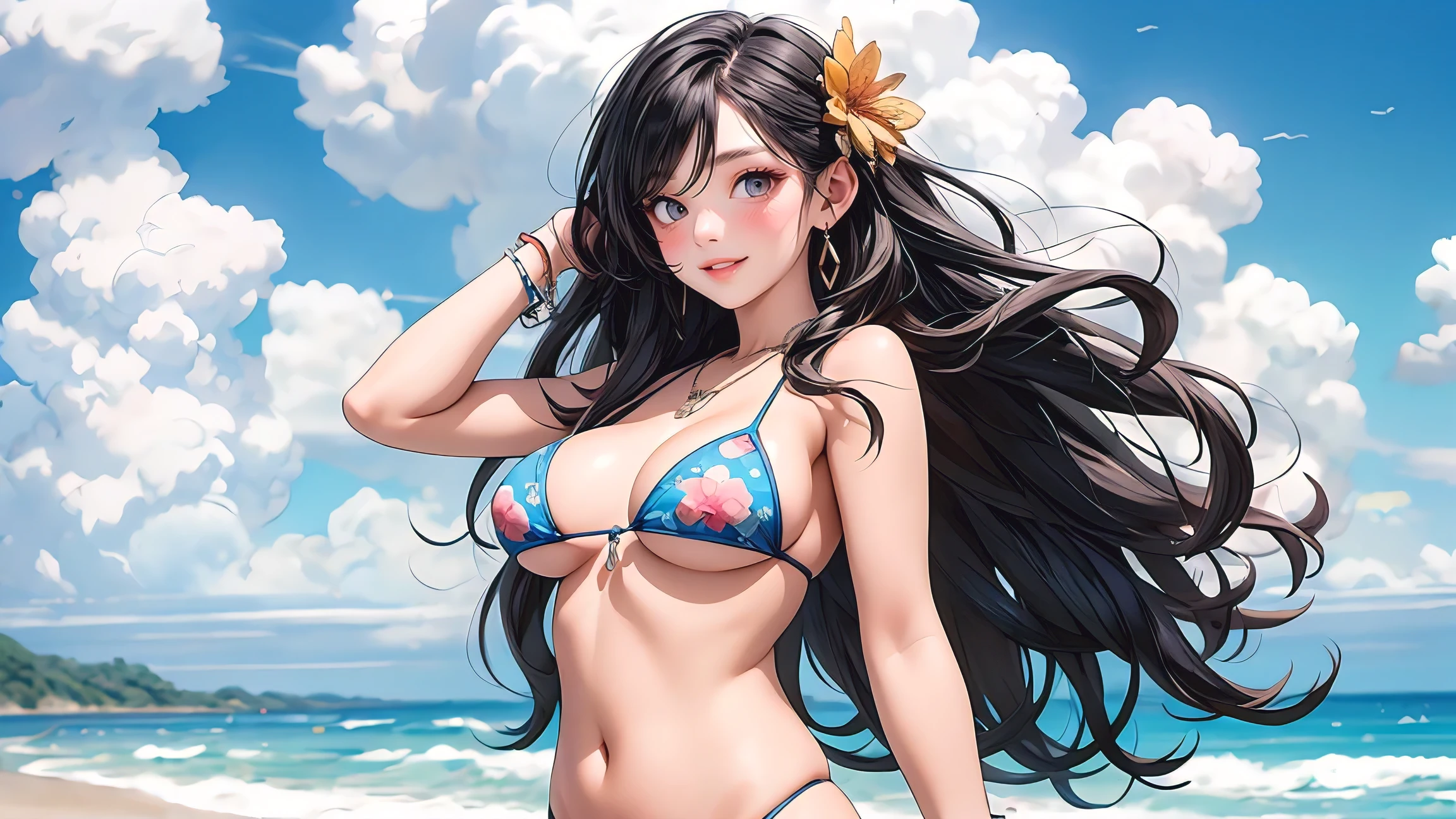 (masterpiece, best quality, photorealistic), solo, perfect slim fit body, thick thighs, large breasts, wavy hair, hair ornaments, necklace, bracelets, printed micro bikini, beach, sky, clouds, afternoon, cute pose, contrapposto, natural light, artistic, vibrant, chic