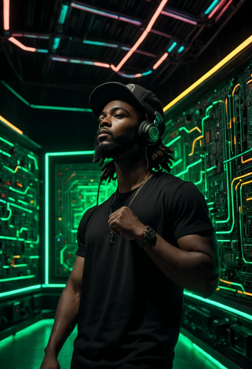 ((half body)) portrait photo of an afro american 30 y.o. trip-hop rap singer male ((singing energetically in a microphone)) in front of a (((futuristic circuit board tunnel, neon signs, neon lights, in perspective view))), ((long)) black rasta hair, mustache and round beard, wearing black baseball cap and a black t-shirt, real human hands, (fix_hands), Award - winning photograph, Masterpiece, 8k, ultra high res, hyper detailed, perfect flawless face, rule of thirds, Realistic Perfect eyes and pupils, Perfect full lips, upturned nose, highly detailed shining hair, ((detailed facial featureinely detailed skin), tanned skin, skin pores, skin blemishes, realistic skin texture, intricate details, photorealism, hyperrealism, ultra realistic, lifelike textures, neutral colors, cinematic lighting, dramatic lighting, soft volumetric light on face, backlight on hair, sharp focus, wide angle, film grain, dslr, raw photo,