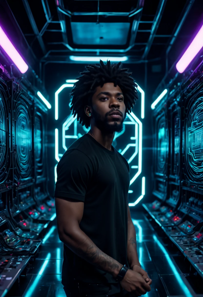 ((half body)) portrait photo of an afro american 30 y.o. trip-hop rap singer male ((singing energetically in a microphone)) in front of a (((futuristic circuit board tunnel, neon signs, neon lights, in perspective view))), ((long)) black rasta hair, mustache and round beard, wearing black baseball cap and a black t-shirt, real human hands, (fix_hands), Award - winning photograph, Masterpiece, 8k, ultra high res, hyper detailed, perfect flawless face, rule of thirds, Realistic Perfect eyes and pupils, Perfect full lips, upturned nose, highly detailed shining hair, ((detailed facial featureinely detailed skin), tanned skin, skin pores, skin blemishes, realistic skin texture, intricate details, photorealism, hyperrealism, ultra realistic, lifelike textures, neutral colors, cinematic lighting, dramatic lighting, soft volumetric light on face, backlight on hair, sharp focus, wide angle, film grain, dslr, raw photo,