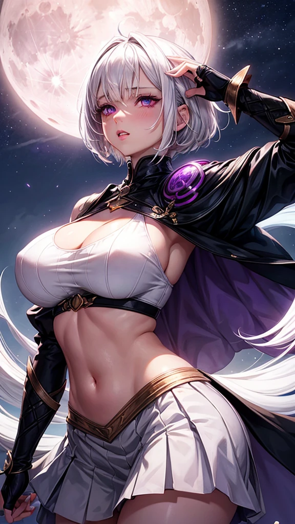 realistic, 1girl, white hair, purple eyes, glowing eyes, very revealing crop top, breast window, underboob, short skirt, wide hips, huge breasts, parted lips, blush, night, moon, moonlight, flowered backround, back view, back turned