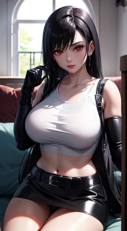 Tifa Lockhart, Tifa_Lockhart, FF7, sultry face, (white vest:1.2), Black latex miniskirt, (long black hair), Bangs (red eyes:1.3) long eyelashes, beautiful red eyes with brightness, big气透视, movie lighting, Ray tracing, 8k, Super details, best quality, masterpiece, Very detailed, In a modern industrial apartment, red combat gloves, , Slim, big, 巨big的, (((big得离谱))), (巨big的:1.5), ((disease)), ((disease)), (((巨big的))), (((((巨big的))))), lying on sofa, , white thong