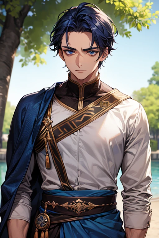 ((masterpiece)), ((best quality)), (ultra-detailed), absurdres, extremely detailed CG unity 8k wallpaper, Official Art, Accurate describe shapes, (realistic), detailed hands, expressive eyes, upper body, close-up, solo, (forest, scenery, dramatic light, illustration:1.1), (standing, arm at side, smile1.2), (1boy, mature male, black hair, short hair, black eyes, dark-skinned male,:1.4), (white shirt, sleeveless, pelvic curtain, white pants, white elbow gloves, blue cape, armlet, jewelry, Ajurna - third ascen:1.3), , ((masterpiece)), absurdres, HDR, arjuna (fate)   <lyco:GoodHands-beta2:1.0> <lora:epi_noiseoffset2:0.7>  <lora:Arjuna-04:0.7>