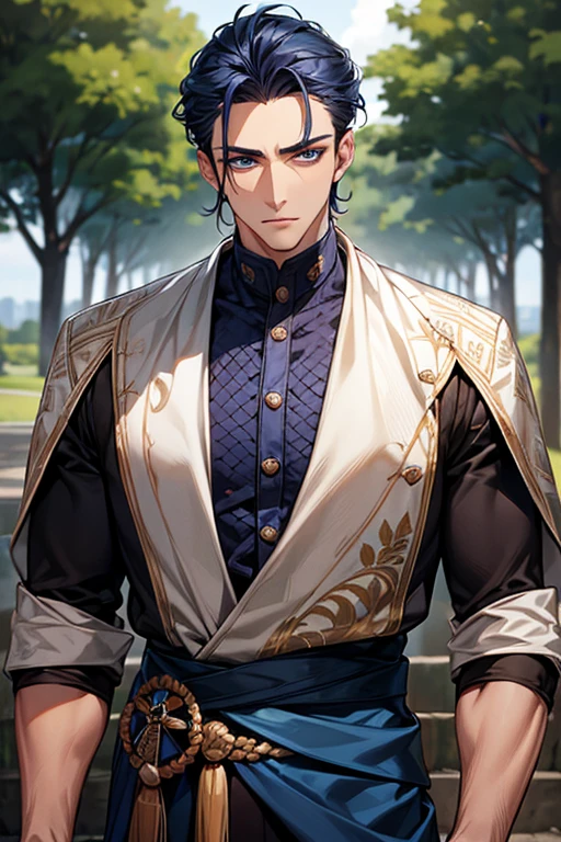 ((muste piece)), ((best quality)), ((brown skin)), ((dark blue eyes)), ((Dark blue hair))、handsome man , ((very very short hair、No bangs、Forehead)), masculine、tall、sexy、Adult man、Three white eyes、handsome man、Kowamote、firmly、muscular、broad shoulders、raise the corners of one's mouth、all back、wild、とてもwild、Tree eyes