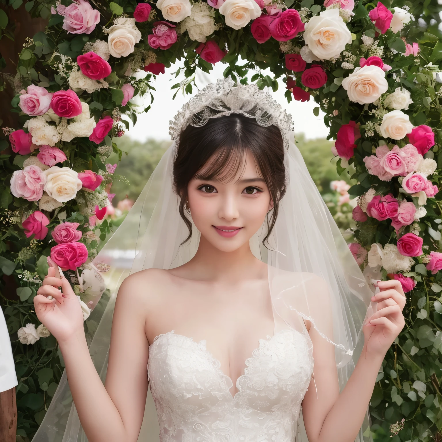 (muste piece、highest quality、8K、very detailed and intricate details、The most complex and detailed textures、Ultra high definition)、(very young girl in a wedding dress:1.2)、bride'upper body photo、perfect camera gaze、the best smile when you look at me、Top quality giant tiara、highest qualityの巨大なネックレス、(huge rose arch:1.3)、(surrounded by many roses:1.5)、(bride filled with lots of roses:1.5)、surrounded by flowers、(bride surrounded by lots of pink and white roses:1.2)、detailed background