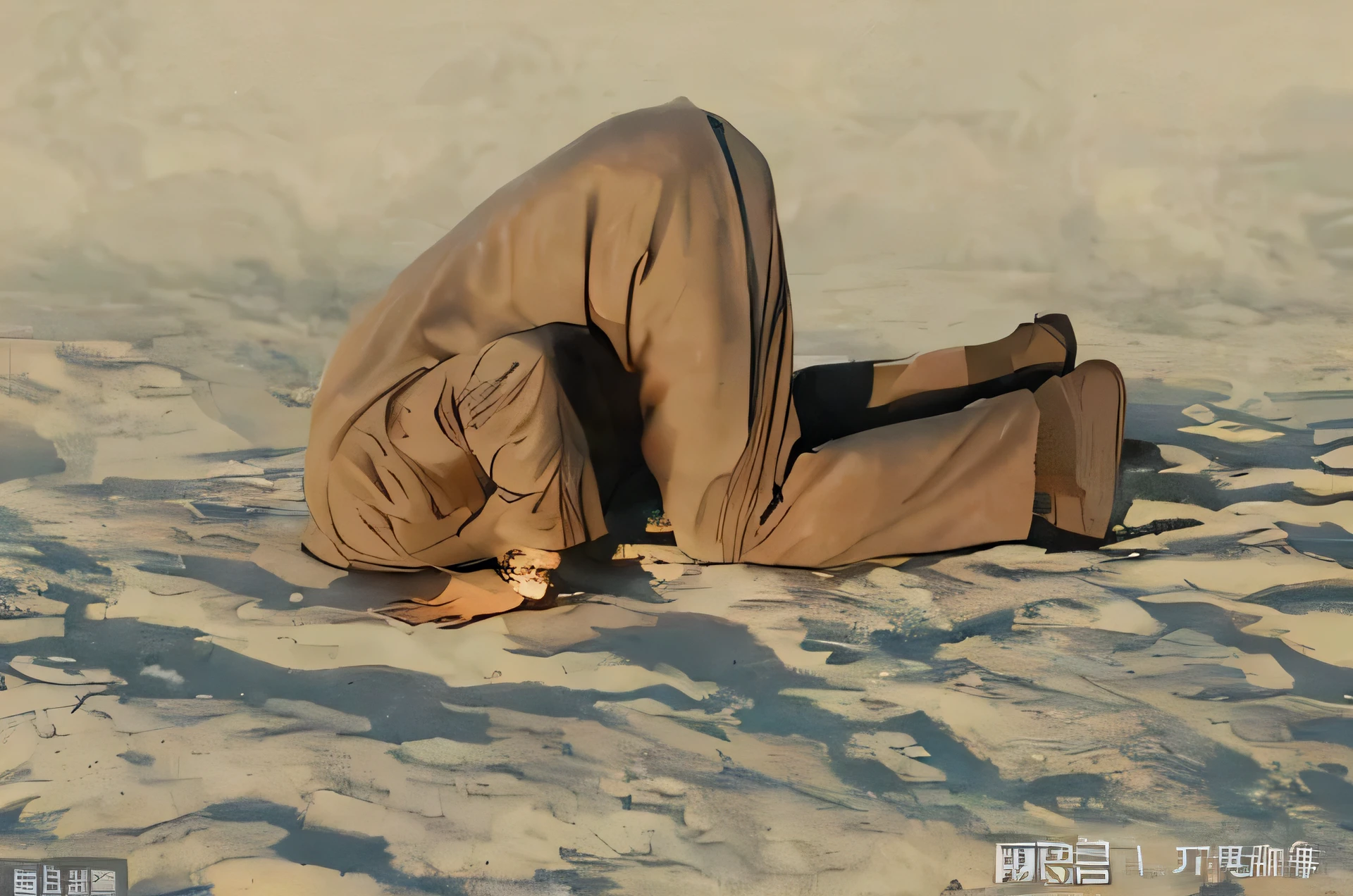 一个男人,头埋在沙子里. attention to detail, vibrant colors, swirling galaxies, realistic rocket, ethereal jellyfish, shooting stars, dreamy atmosphere, space exploration, cute and whimsical art, digital artwork, cozy and calm, celestial wonders, tranquil setting, captivating composition, masterful stroke, seamless blending, mesmerizing beauty, luminous celestial bodies, cosmic adventure, serene and peaceful, breathtaking cosmic landscapes, immersive experience, imaginative storytelling, otherworldly charm, meditative journey, enchanting visual narrative, boundless creativity.