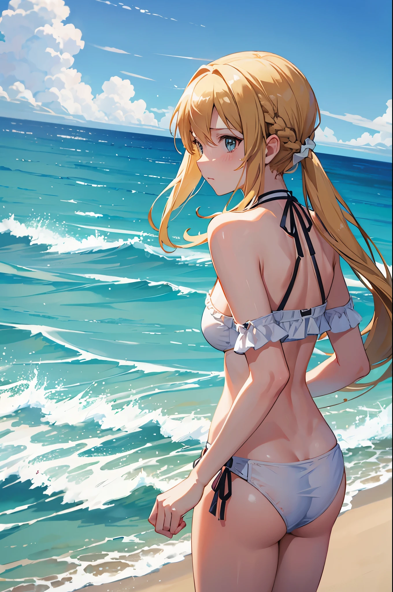 1 woman, sword art online asuna face, white bikini, flustered face, at beach, looking back.