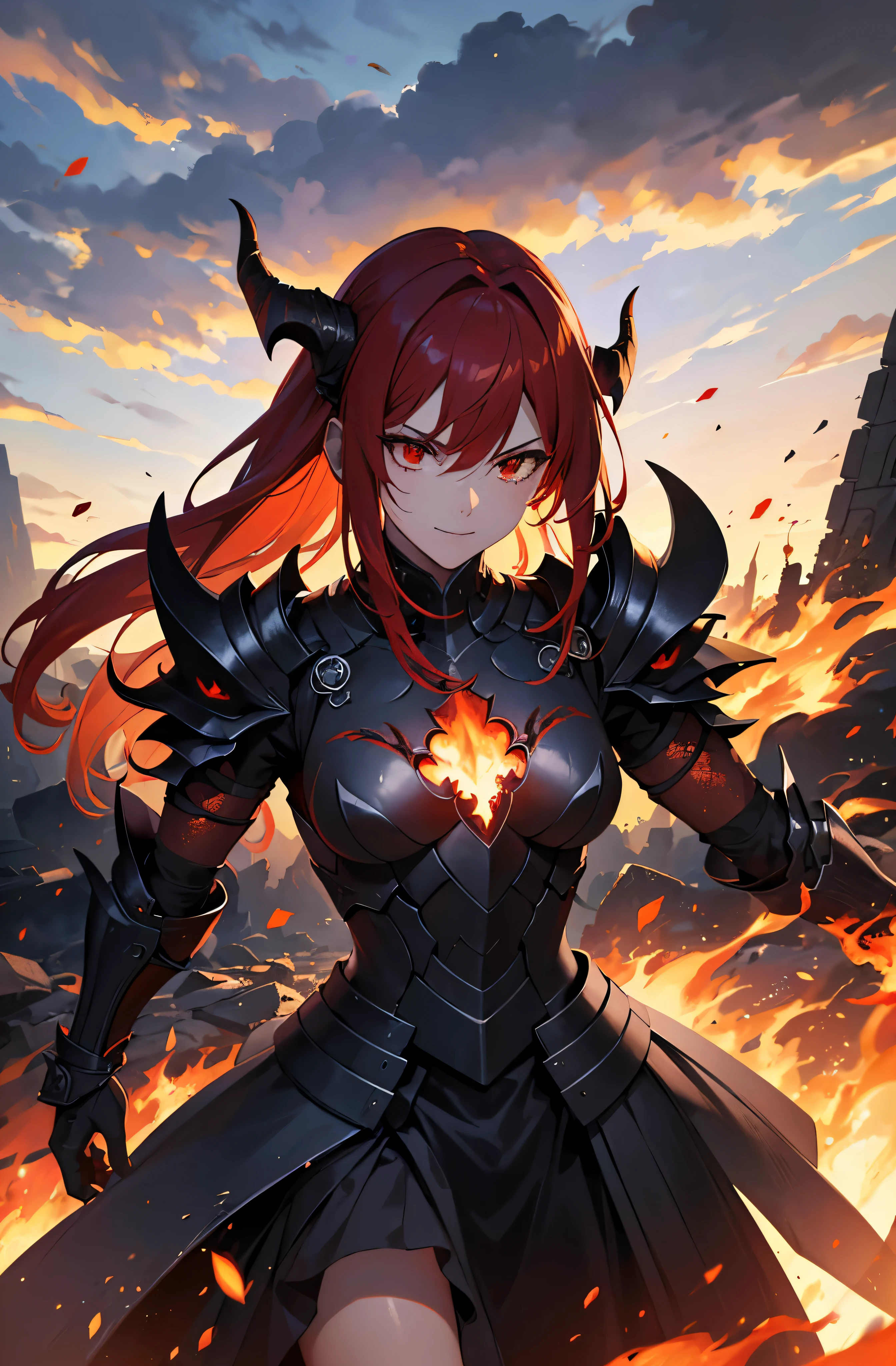 (high quality, detailed, realistic:1.2), demonic general, black flames armor, intense gaze, powerful presence, battlefield scene, glowing red eyes, menacing smile, flowing fiery hair, intricate armor design, smoky tendrils emerging from armor, dark and ominous atmosphere, dynamic and action-packed composition, epic battle between good and evil, sparks and embers flying, dramatic lighting, war-torn landscape with ruins and destruction, billowing smoke and ash, energetic brush strokes, vibrant colors with emphasis on red and black, dark and fiery color palette horns on the head.