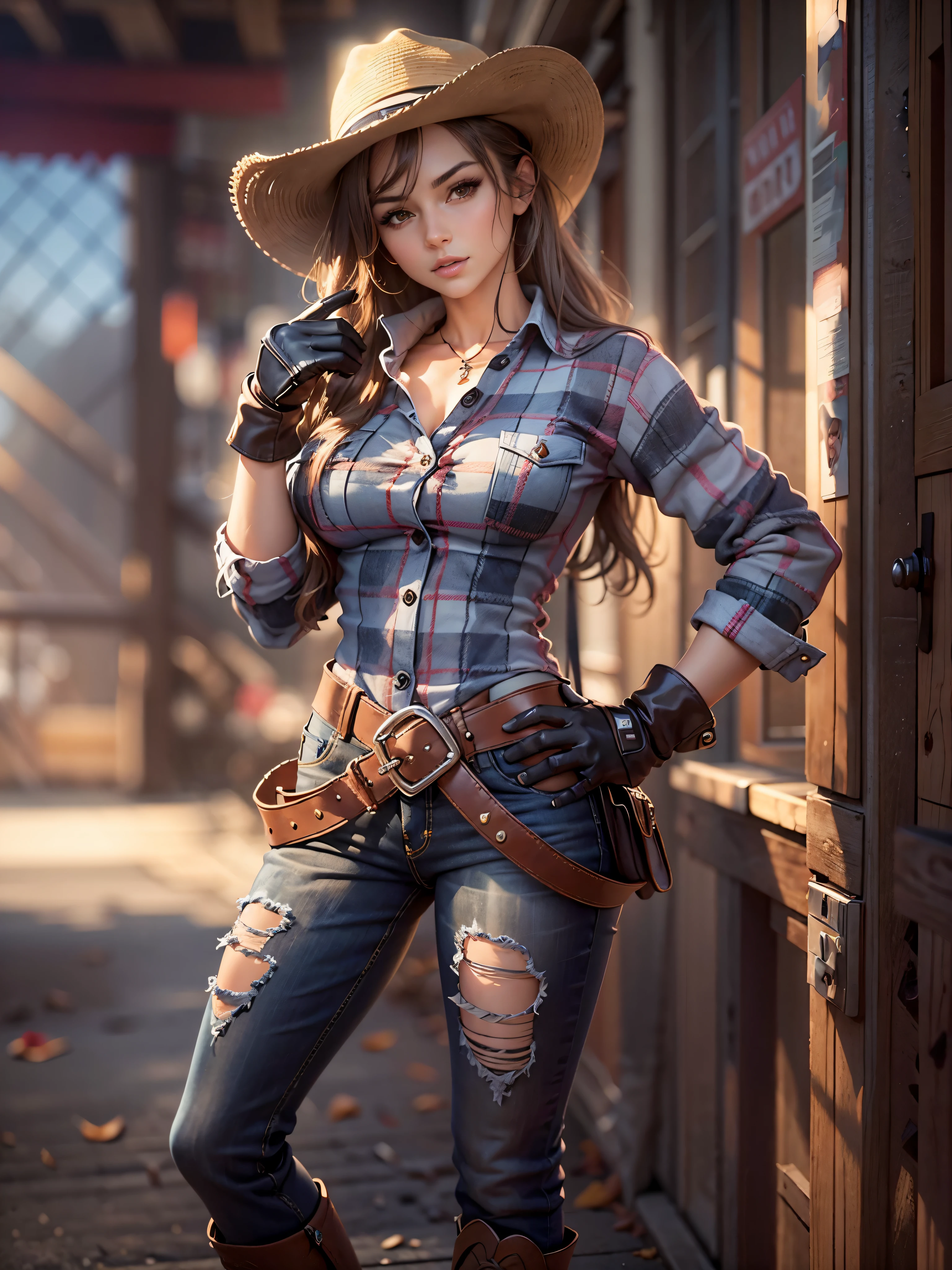 Masterpiece, art, full body shot, young beautiful woman, flawless skin, textured skin, very large firm breasts, perfect proportions, cowgirl, plaid shirt, jeans, boots, hat, gloves, lasso, anime, sexy, erotic, UHD resolution, realistic detail, realistic reflections, realistic shadows, 3D,