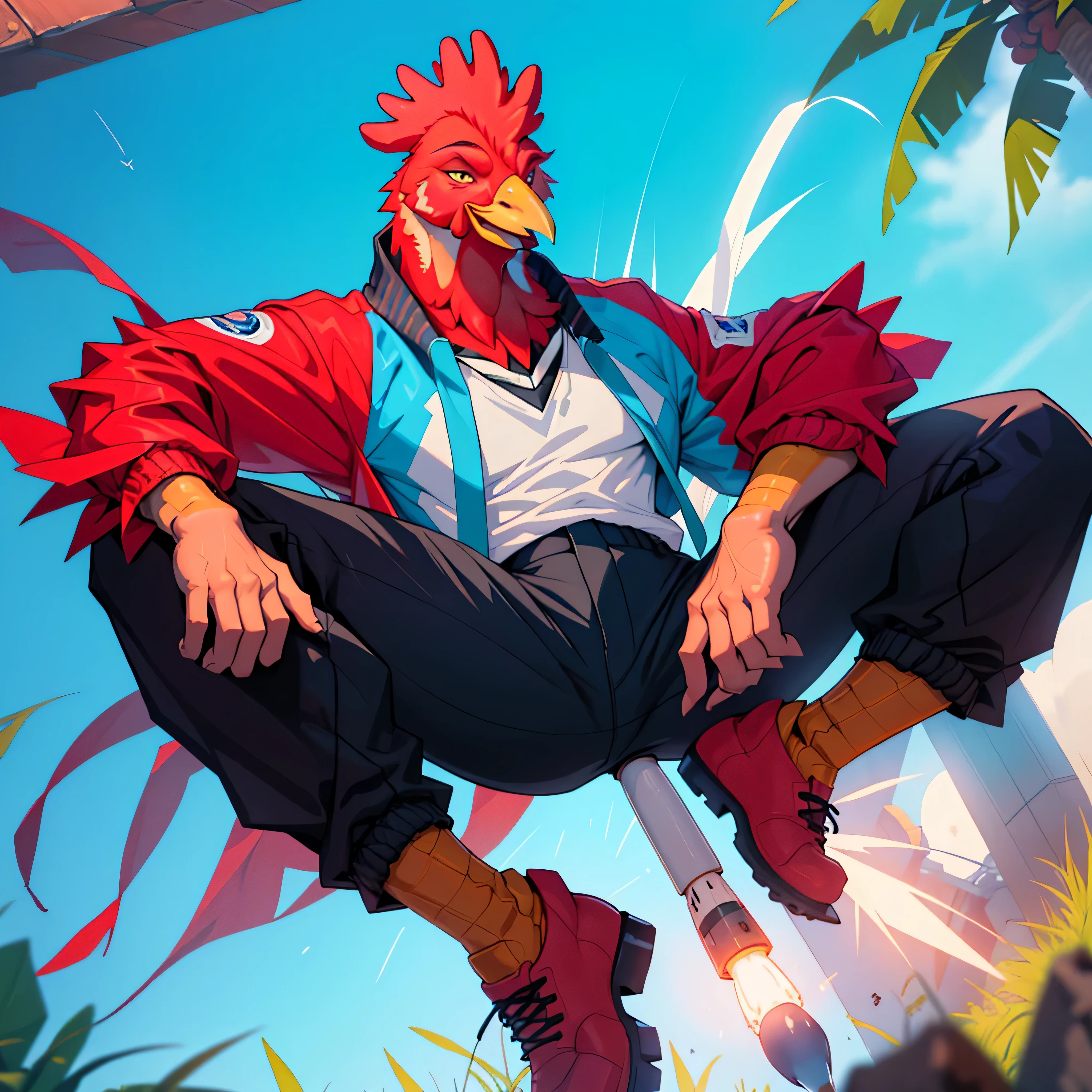 anthro rooster, male, full body, wings, portrait, (beak), windbreaker, powerplant, macro shot, pants, shirt, watching a rocket
