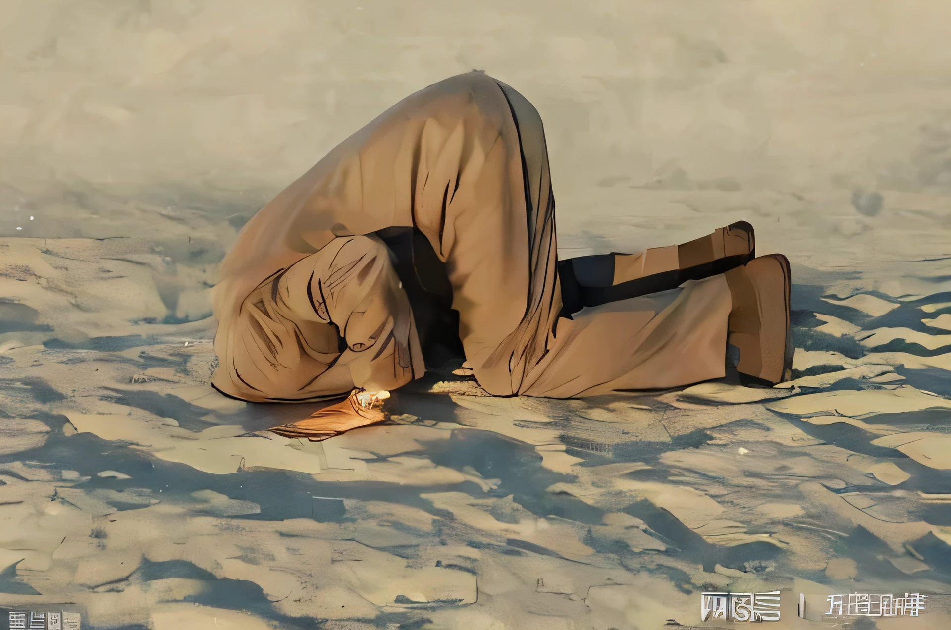 一个男人,头埋在沙子里. attention to detail, vibrant colors, swirling galaxies, realistic rocket, ethereal jellyfish, shooting stars, dreamy atmosphere, space exploration, cute and whimsical art, digital artwork, cozy and calm, celestial wonders, tranquil setting, captivating composition, masterful stroke, seamless blending, mesmerizing beauty, luminous celestial bodies, cosmic adventure, serene and peaceful, breathtaking cosmic landscapes, immersive experience, imaginative storytelling, otherworldly charm, meditative journey, enchanting visual narrative, boundless creativity.