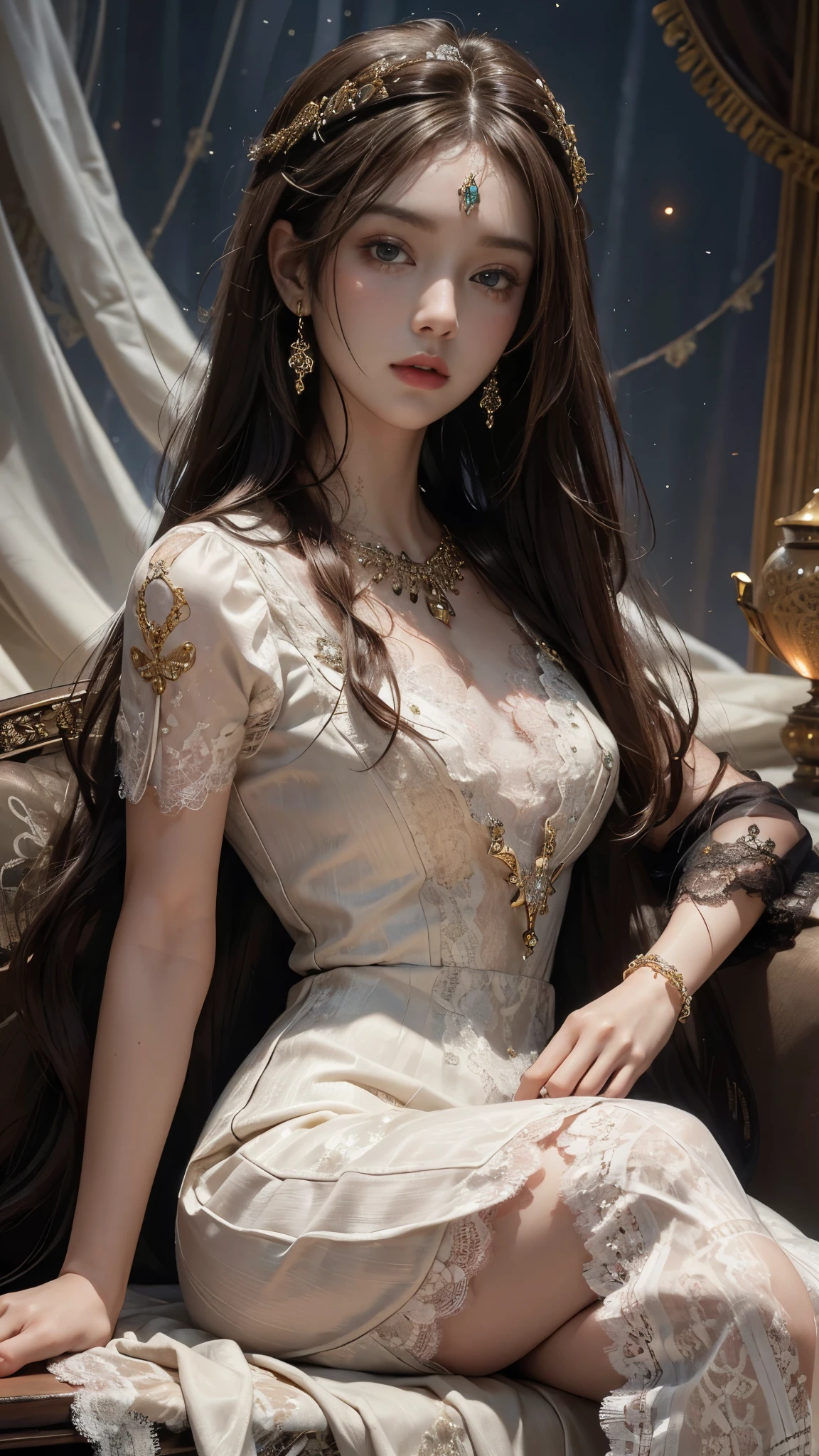 8K, ultra HD, Masterpiece, 1 girl, good face, very long hair, spreading hair, detailed eyes, lovely lips, shining brown dress, decorated dress, strap dress, (lace:1.5), (jewellery:1.5), night background, sitting,