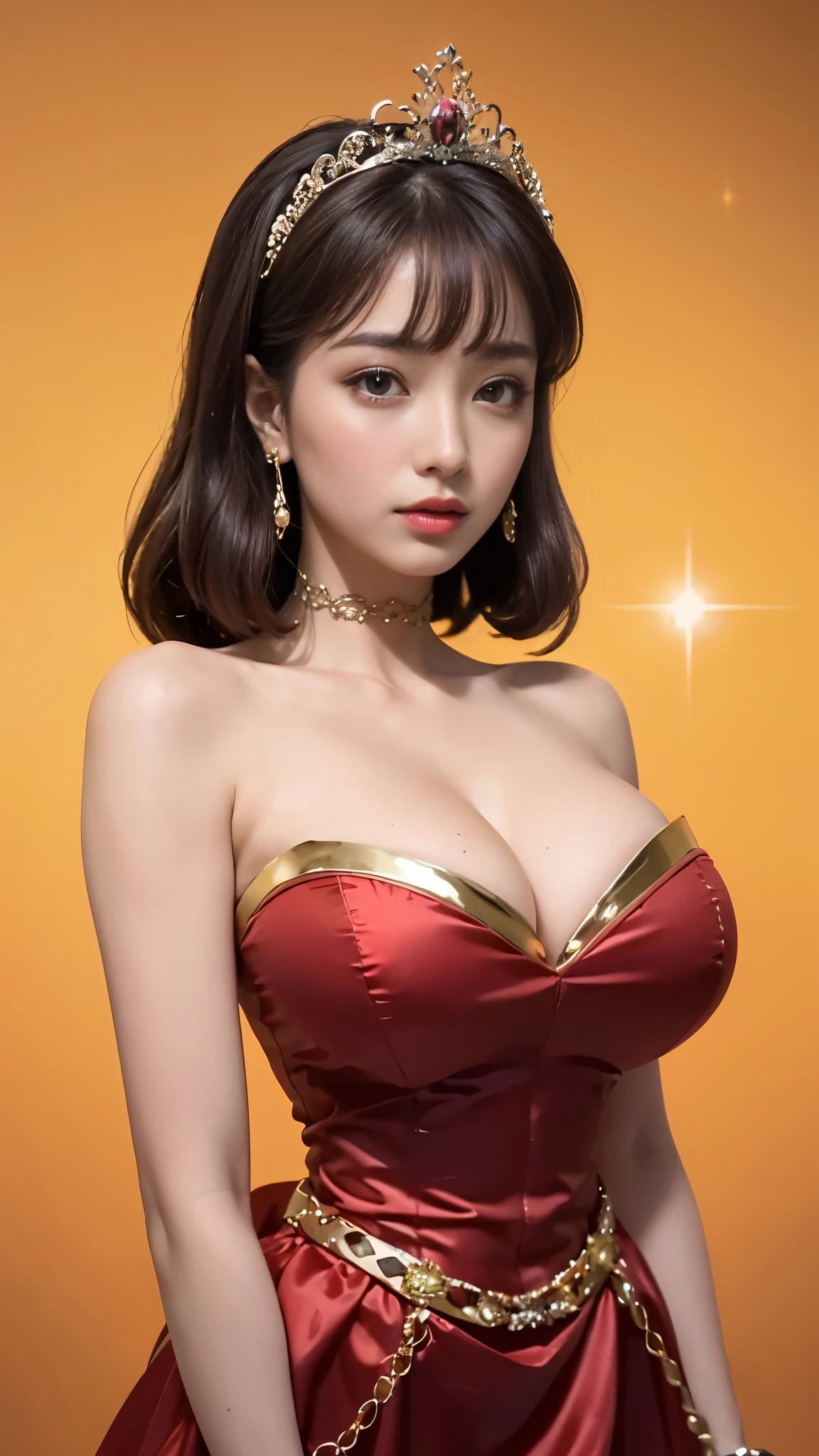 (Beautiful american woman:1.2) (bold eyeshadow) (sexy) (big boobs) deep (High quality) HD, super detail, high details, high quality, award winning, best quality, highres, 1080P, HD, 16k, big boobs, round boobs, deep cleavage, open cleavage, hanging boobs, (tan skin:1.2) (bangs hair) (A flowing red pastel-colored ball gown with glittery details. Match it with a tiara and sparkly accessories for a royal touch.)