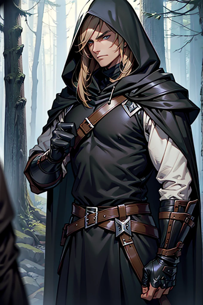 Wood Elf Ranger, with short brown hair, An elf dressed in a black hooded ranger, Serious look, in black leather armor, Ranger Warrior, Elf in a hood, Thin and tall, Full-length, Slim, Very tall, Enigmatic, Hooded, Wearing a black cloak at the back, in front of a forest background, Medieval times, Fantasy, Odin, On the right hand is a glove, Black Dark Cape