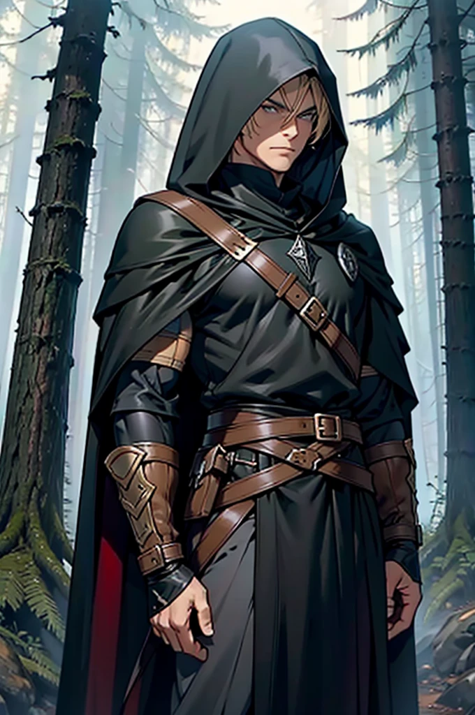 Wood Elf Ranger, with short brown hair, An elf dressed in a black hooded ranger, Serious look, in black leather armor, Ranger Warrior, Elf in a hood, Thin and tall, Full-length, Slim, Very tall, Enigmatic, Hooded, Wearing a black cloak at the back, in front of a forest background, Medieval times, Fantasy, Odin, On the right hand is a glove, Black Dark Cape