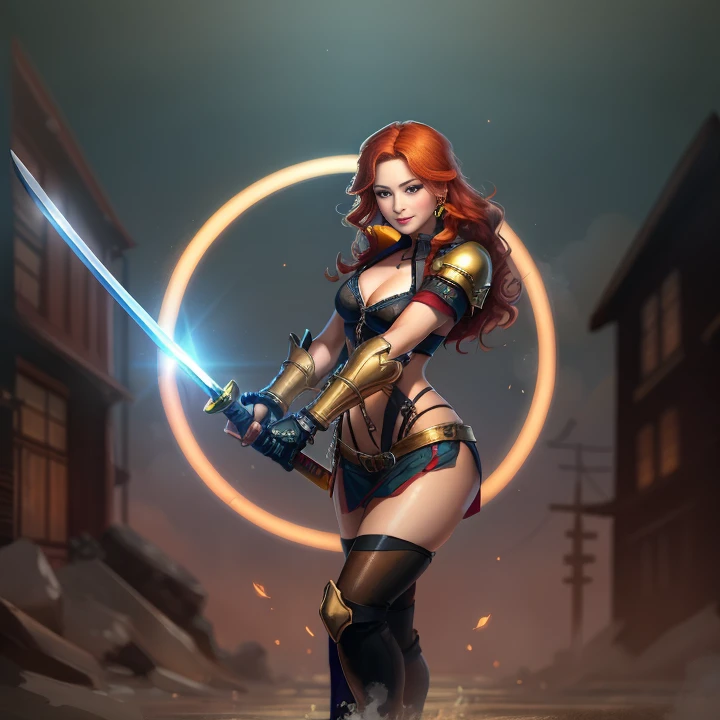 woman holding a sword in her hand, she is holding a katana, katana, a beautiful woman warrior,sexy, redhead, long hair, beautiful, high res, full body,8k, golden gauntlets, sharp, detailed, seductive face, smile