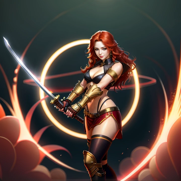  woman holding a sword in her hand, she is holding a katana, katana, a beautiful woman warrior,sexy, redhead, long hair, beautiful, high res, full body,8k, golden gauntlets, sharp, detailed, seductive face, smile