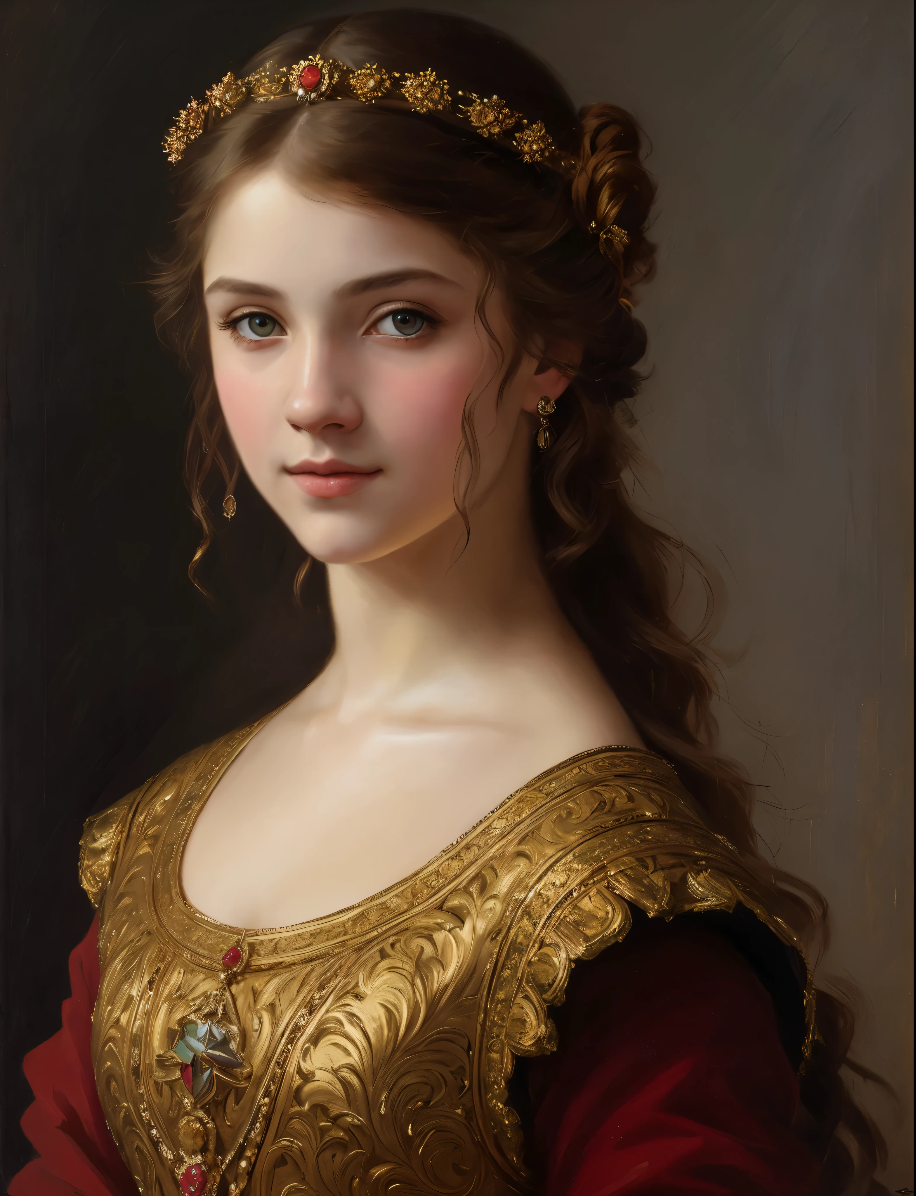 portrait, girl, middle ages, classicism, andrey atroshenko style, painting, traditional media, realistic, figurative, fine art, oil on canvas, HDR, 8K, original character, high resolution, high detail, focus on the face