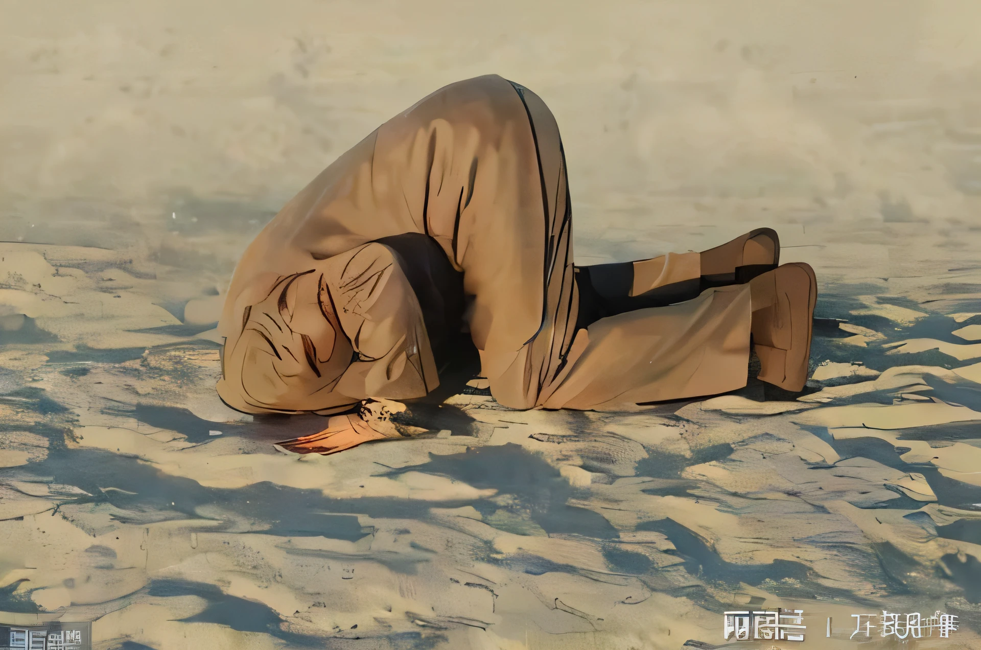 一个男人，头埋在沙子里. attention to detail, vibrant colors, swirling galaxies, realistic rocket, ethereal jellyfish, shooting stars, dreamy atmosphere, space exploration, cute and whimsical art, digital artwork, cozy and calm, celestial wonders, tranquil setting, captivating composition, masterful stroke, seamless blending, mesmerizing beauty, luminous celestial bodies, cosmic adventure, serene and peaceful, breathtaking cosmic landscapes, immersive experience, imaginative storytelling, otherworldly charm, meditative journey, enchanting visual narrative, boundless creativity.