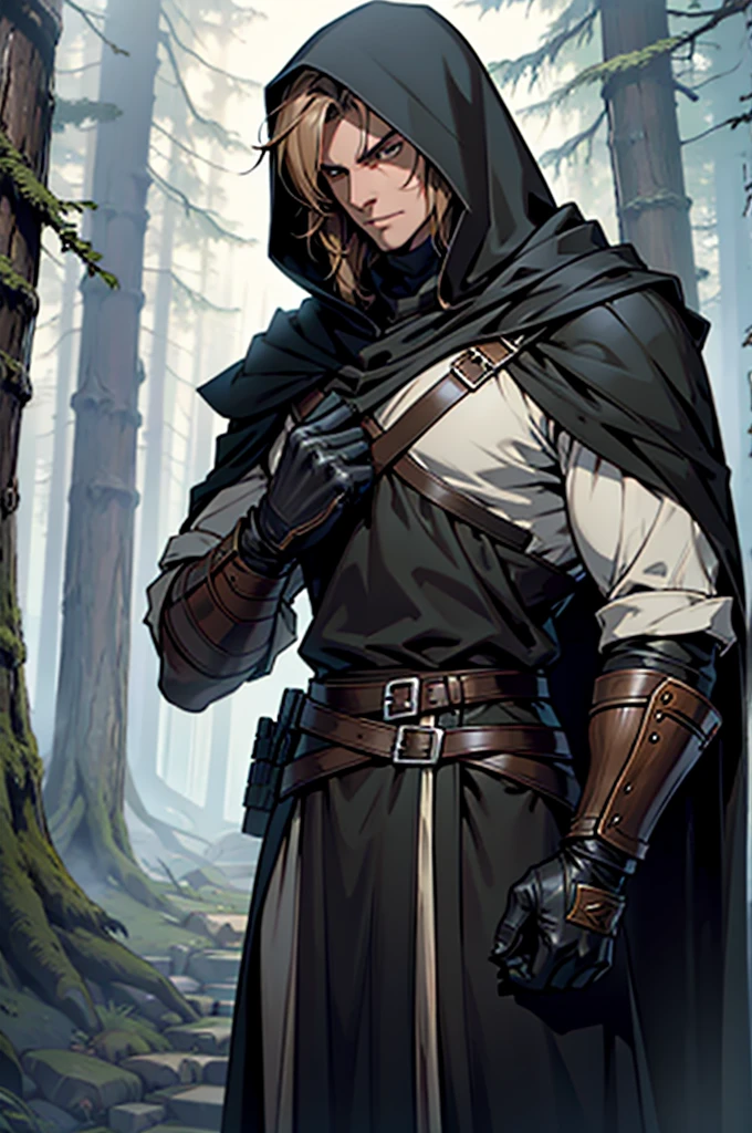 Wood Elf Ranger, with short brown hair, An elf dressed in a black hooded ranger, Serious look, in black leather armor, Ranger Warrior, Elf in a hood, Thin and tall, Full-length, Slim, Very tall, Enigmatic, Hooded, Wearing a black cloak at the back, in front of a forest background, Medieval times, Fantasy, Odin, On the right hand is a glove, Black Dark Cape, big bulge