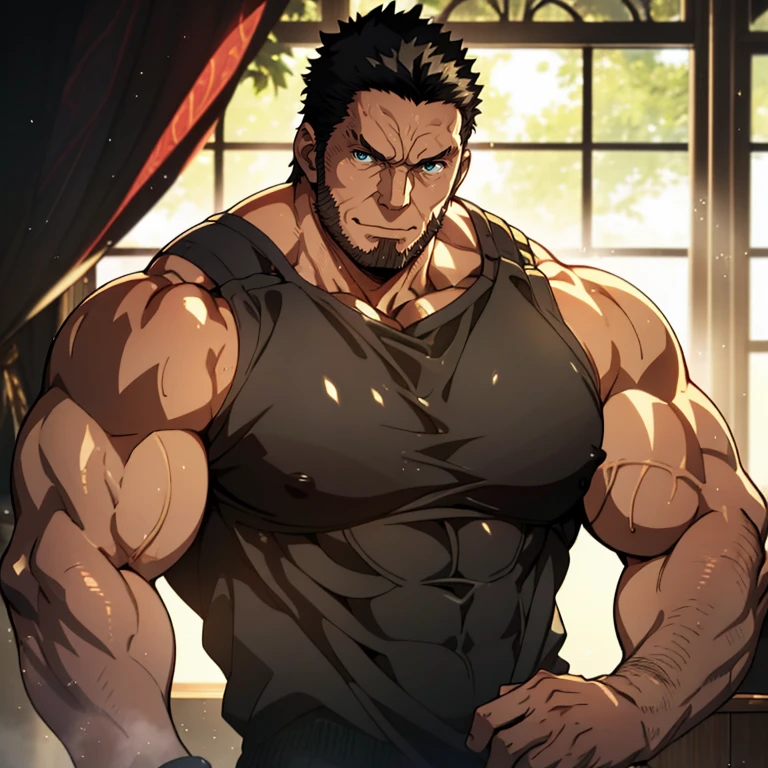 Anime, Um homem alpha poderoso, perverso, nervoso, 40 years old, rei supremo, lorde imponente, wearing very tight black tank top, large pectorals, muscular chest, olhando para o espectador, pose sexy, facial expression of anger, olhos de cor vermelha, black hair and beard, Obra-prima maravilhosa altamente detalhada, beautiful cinematic light deep focus, elegante, pintura digital, liso, sharp focus, golden ratio, dramatic lighting, 8k, pixiv, bara