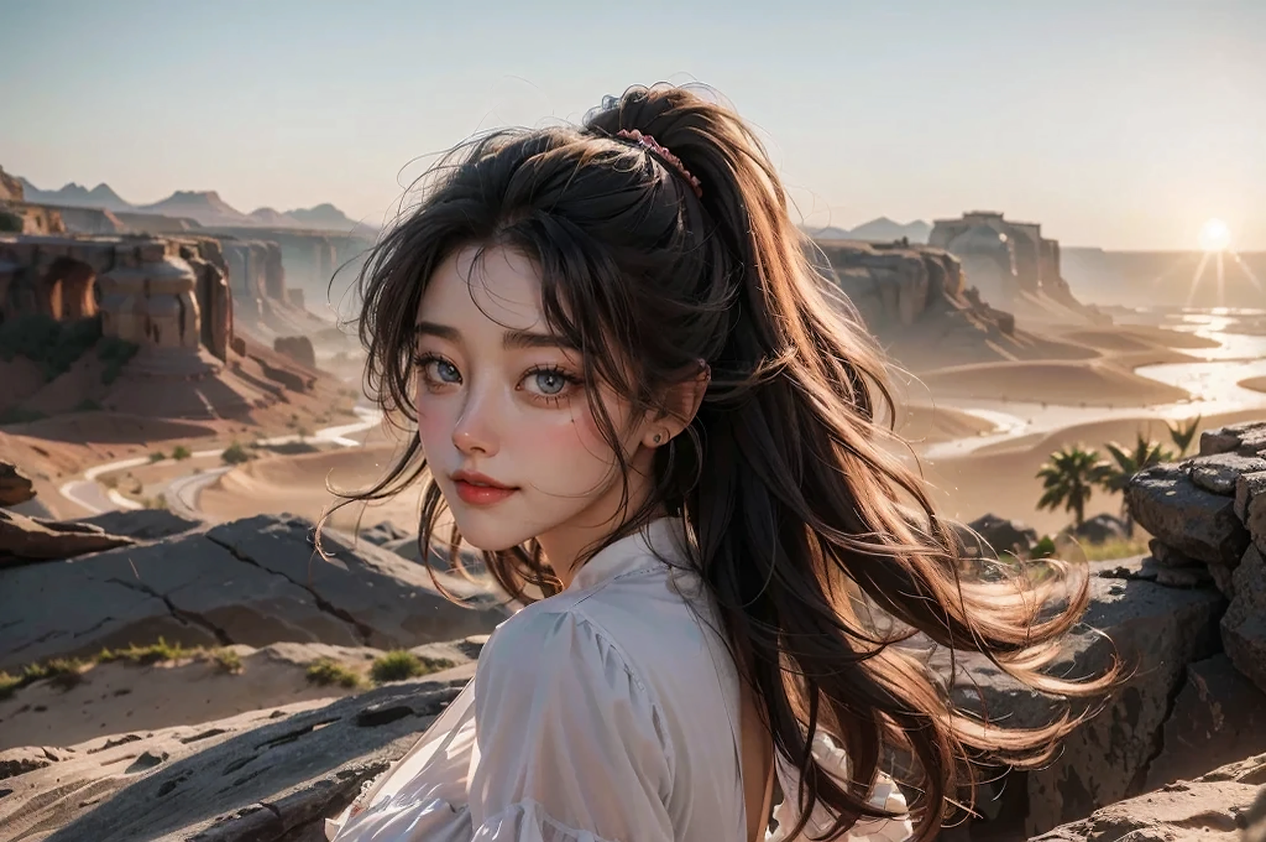 best quality, 8k, UHD, highres, masterpiece, ultra-detailed, realistic, photorealistic, photo-realistic, portrait, 1woman, long hair, desert canyon, golden hour, warm light, desert, canyon