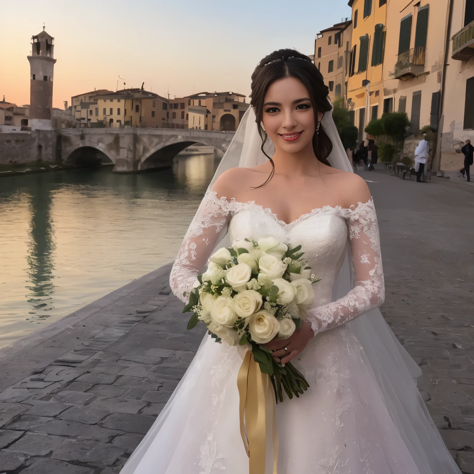 ((highest quality、muste piece、8k、best image quality、software))、(1 photo:1.3)、((beauty of italy、most luxurious wedding dresses、wedding bouquet、wedding lace、perfect wedding lace、perfect bride、italian bride))、(Against the backdrop of Italy&#39;s world-famous tourist destinations、Italian world heritage sites:1.3)、cowboy shot、the best smile when you look at me、perfect anatomy、perfect fingers、perfect hands