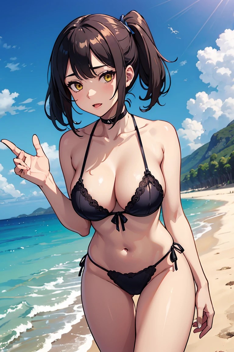Luo from isekai nonbiri nouka with green two pigtails ponytail hair, big breasts and yellow eyes and a lingerie on the beach of a desert island