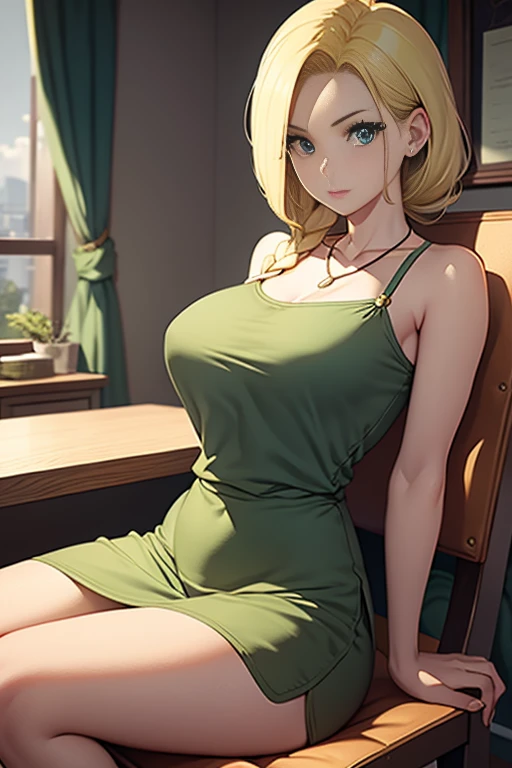 Bianca \(dragon quest\), bianca, dragon quest, (masterpiece, best quality, 4k, photorealistic, cinematic, ultra-detailed), wide shot, full body, perfect anatomy, curvaceous body, perfect eyes, perfect hands, large chest, long round legs, 1 girl, blonde hair, sitting in an office chair, ivory silk camisole top, olive green cropped trousers, tan strappy heels, effortless half-up half-down hairstyle, delicate layered necklace