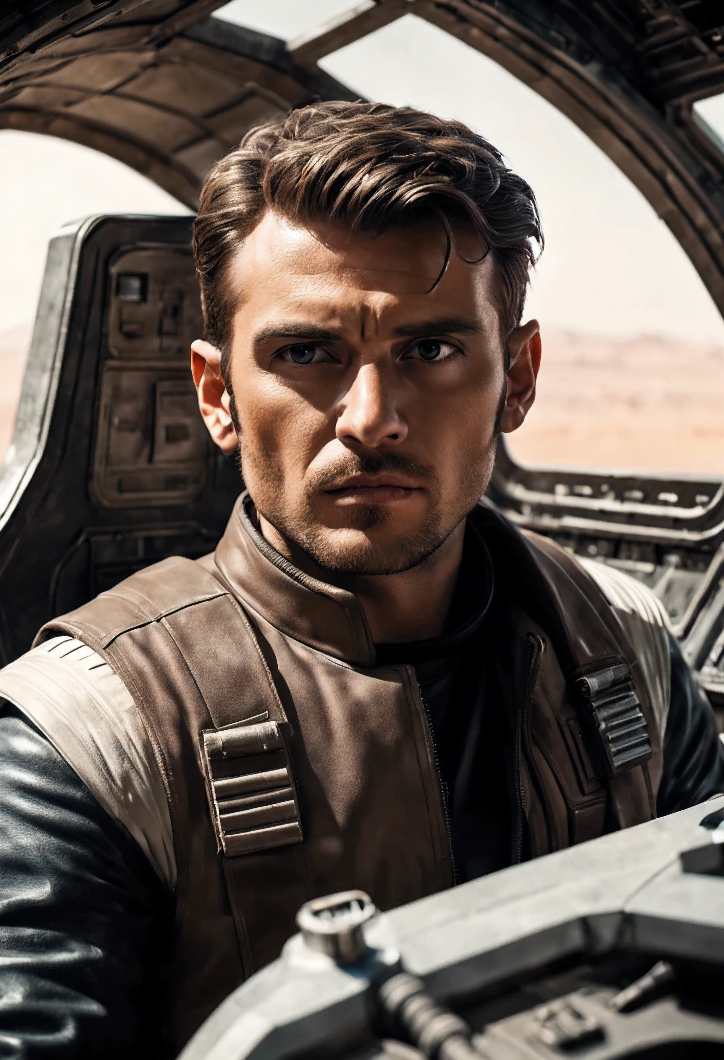 (masculino) Contrabandista inspirado en Starwars conduciendo una nave espacial