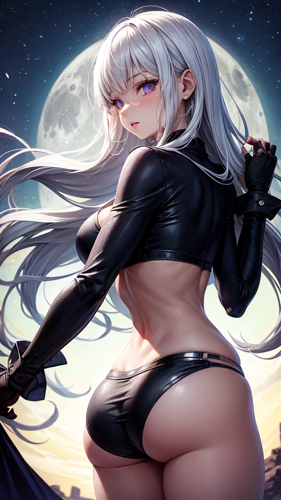 realistic, 1girl, white hair, purple eyes, glowing eyes, very revealing crop top, breast window, underboob, short skirt, wide hips, huge breasts, parted lips, blush, night, moon, moonlight, flowered backround, back view, turned around, shapely butt, round butt