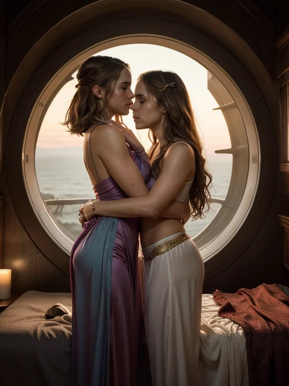 Create an evocative image of emma watson (hermoine granger) and natalie portman 9padme amidala), side by side outside a spaceship, resting on a bed, resting on a bed, gazing silently towards the horizon where the warm hues of a setting sun paint the sky in nostalgic colors. Cinematic lighting. boxer shorts, loose singlet top. hug. kiss. passionate gentle kiss on the lips. kissing. looking at each other. grabbing buttocks. consensual. Bliss. chiaroscuro technique on illustration of an elegant oldies , wet hair, vintage, eerie, matte painting, by Hannah Dale, by Harumi Hironaka, extremely soft colors, vibrant, highly detailed, digital illustrations , high contrast, dramatic, refined, tonal, emotional expression, golden ratio