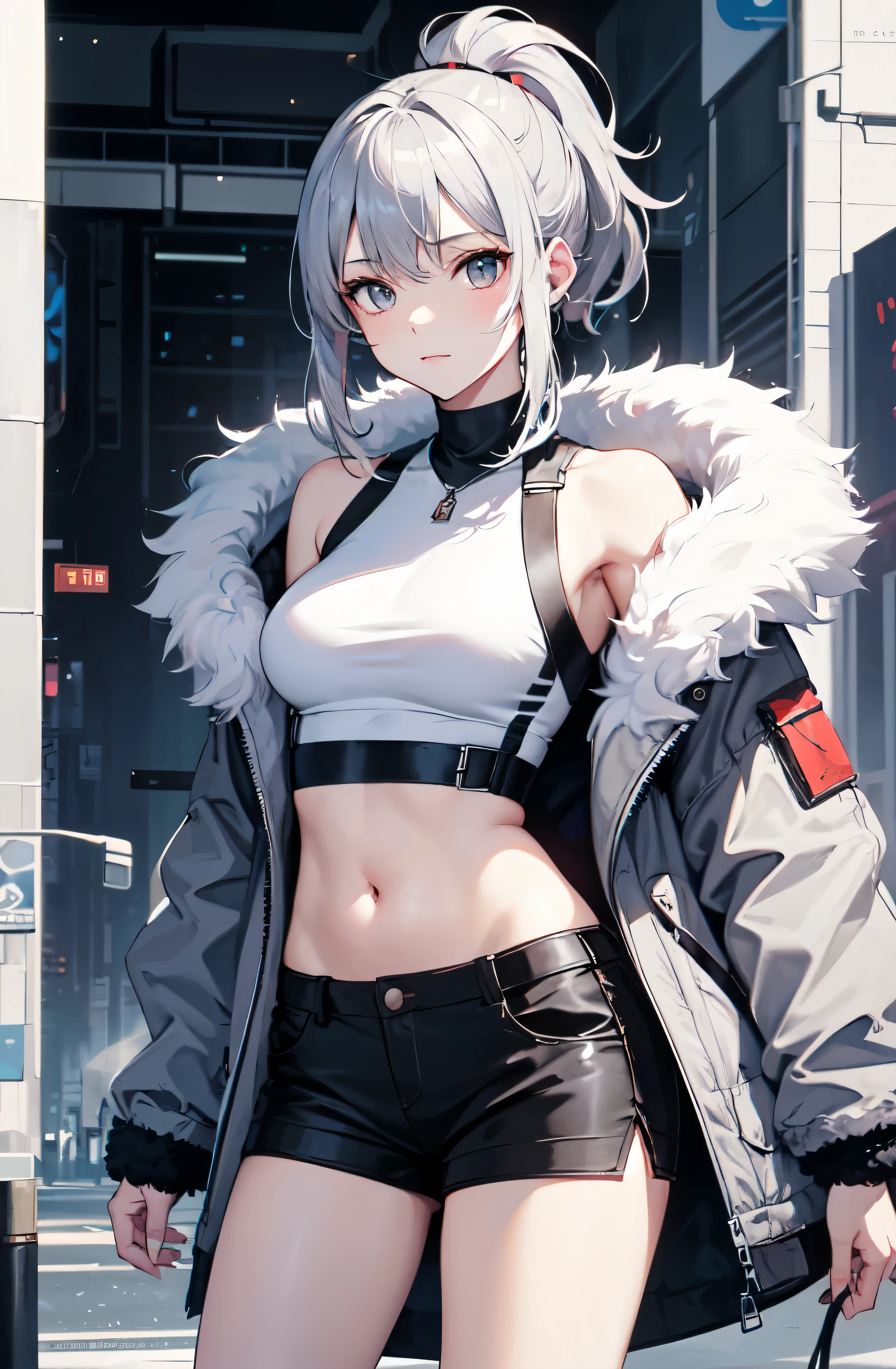 young girl, short gray hair, grey eyes, high ponytail, Cyberpunk, white top, open belly, shorts, fur coat, masterpiece, High quality, Silver Wolf