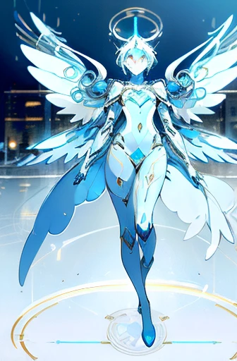 A humanoid robot is floating in the air and looking down for us, white and metallic in texture, streamlined profile with little ornamentation, A large blue round stone inlaid on chest, ((Three pairs of light blue big wings on its back)), Feminine shape, city, full body, Highest quality, high image quality