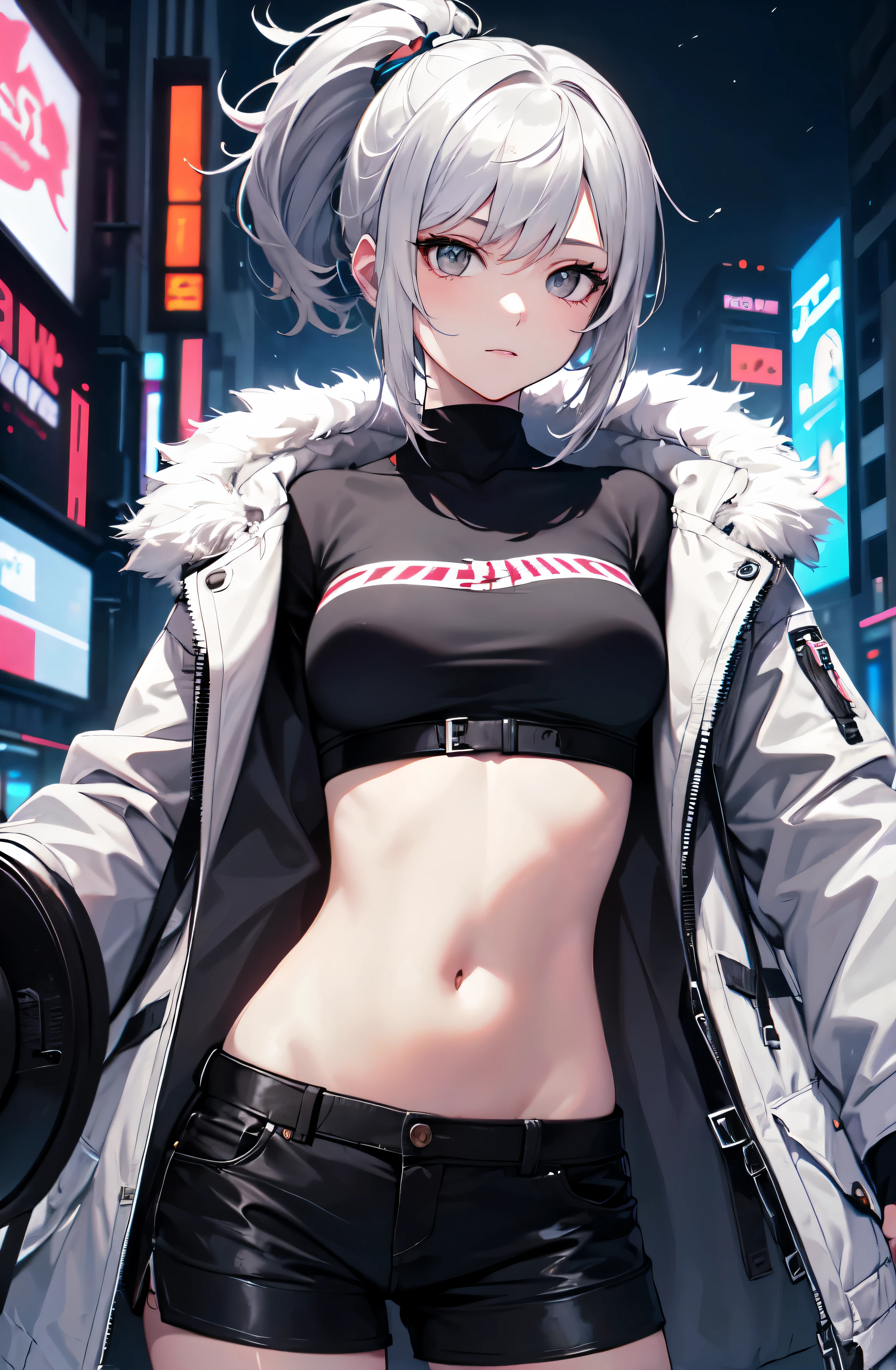 young girl, short gray hair, grey eyes, high ponytail, Cyberpunk, white top, open belly, shorts, fur coat, masterpiece, High quality, Silver Wolf