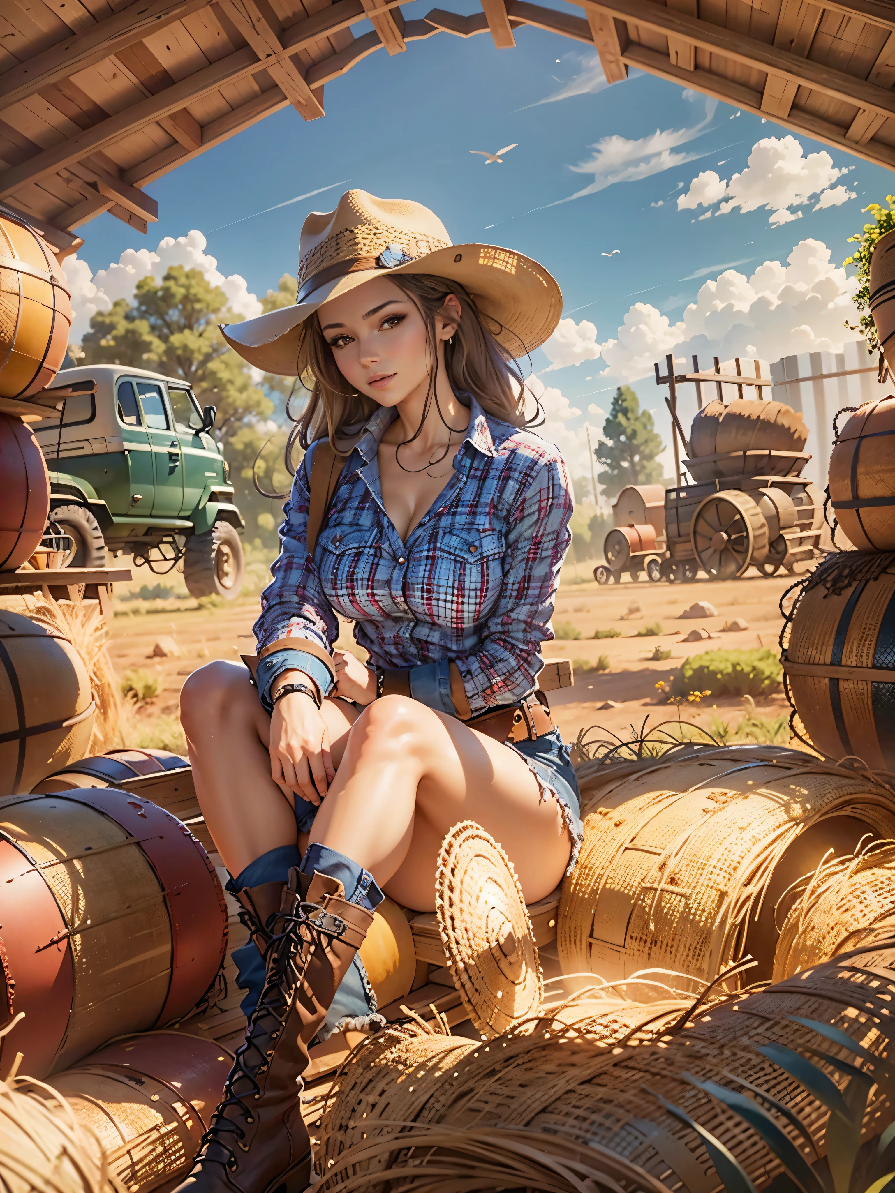 ((best quality)), ((highly detailed)), masterpiece, absurdres, (detailed eyes, deep eyes), (1girl), top view, full body, country girl, long hair, low twin braids, freckles, muscular, cowboy hat, overalls, (outside, at an altar, sunset), cyancapsule, western artstyle, painterly style, vibrant colors, soft lineart, vivid, full body (NSFW ), hdri, extremely naked, nua, pa, nsfw, gigantic breast 1.9