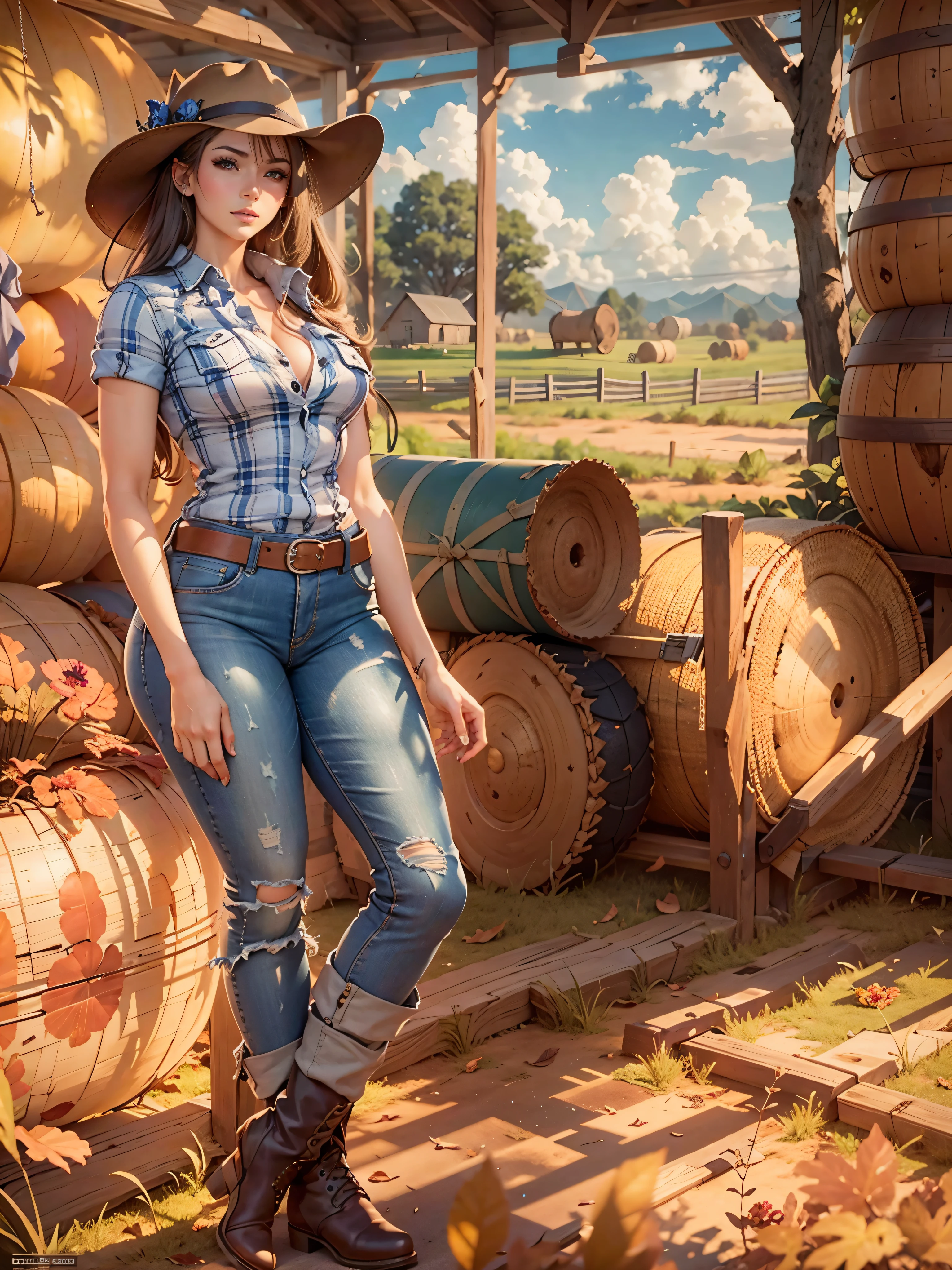 Masterpiece, art, full body shot, young beautiful woman, flawless skin, textured skin, very large firm breasts, perfect proportions, cowgirl, plaid shirt, jeans, boots, hat, gloves, farmhouse, sunshine, blue sky, hay bales, anime, sexy, erotic, UHD resolution, realistic detail, realistic reflections, realistic shadows, 3D,