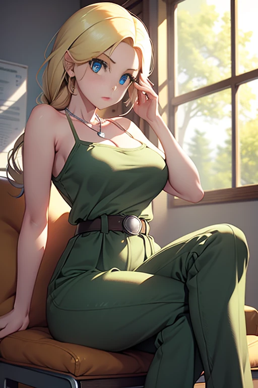 Bianca \(dragon quest\), bianca, dragon quest, (masterpiece, best quality, 4k, photorealistic, cinematic, ultra-detailed), wide shot, full body, perfect anatomy, curvaceous body, perfect eyes, perfect hands, large chest, long round legs, 1 girl, blonde hair, sitting in an office chair, ivory silk camisole top, olive green cropped trousers, tan strappy heels, effortless half-up half-down hairstyle, delicate layered necklace
