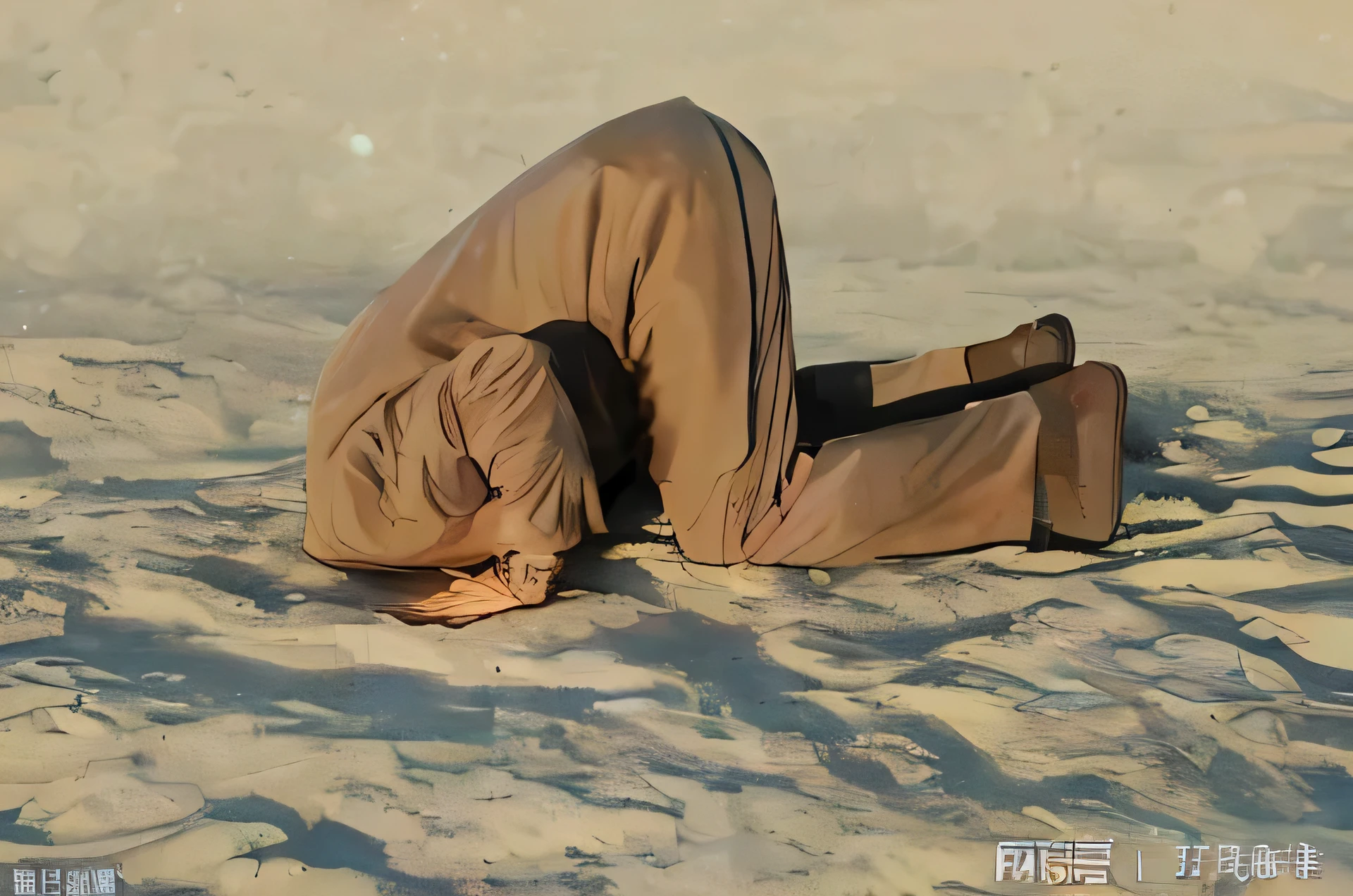 一个男人,头埋在沙子里. attention to detail, vibrant colors, swirling galaxies, realistic rocket, ethereal jellyfish, shooting stars, dreamy atmosphere, space exploration, cute and whimsical art, digital artwork, cozy and calm, celestial wonders, tranquil setting, captivating composition, masterful stroke, seamless blending, mesmerizing beauty, luminous celestial bodies, cosmic adventure, serene and peaceful, breathtaking cosmic landscapes, immersive experience, imaginative storytelling, otherworldly charm, meditative journey, enchanting visual narrative, boundless creativity.