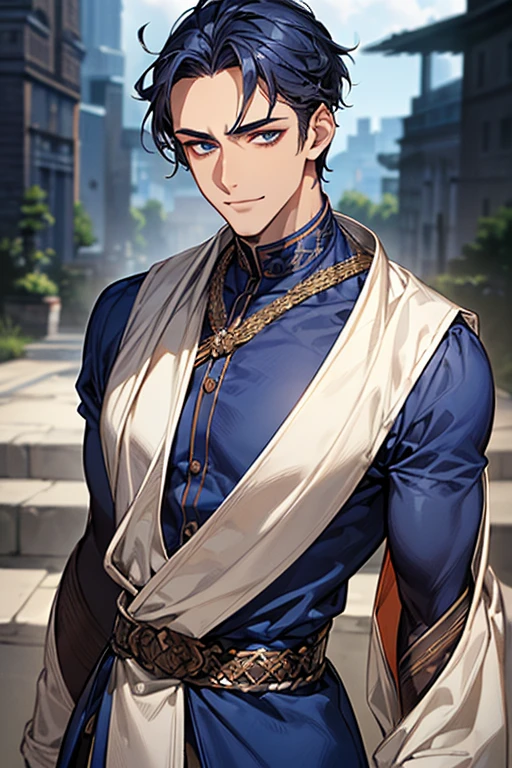 ((muste piece)), ((best quality)), ((brown skin)), ((dark blue eyes)), ((Dark blue hair))、handsome man , ((very very short hair、No bangs、Forehead、all back)), masculine、tall、sexy、Adult man、Three white eyes、handsome man、Kowamote、firmly、muscular、broad shoulders、smile、wild、とてもwild、