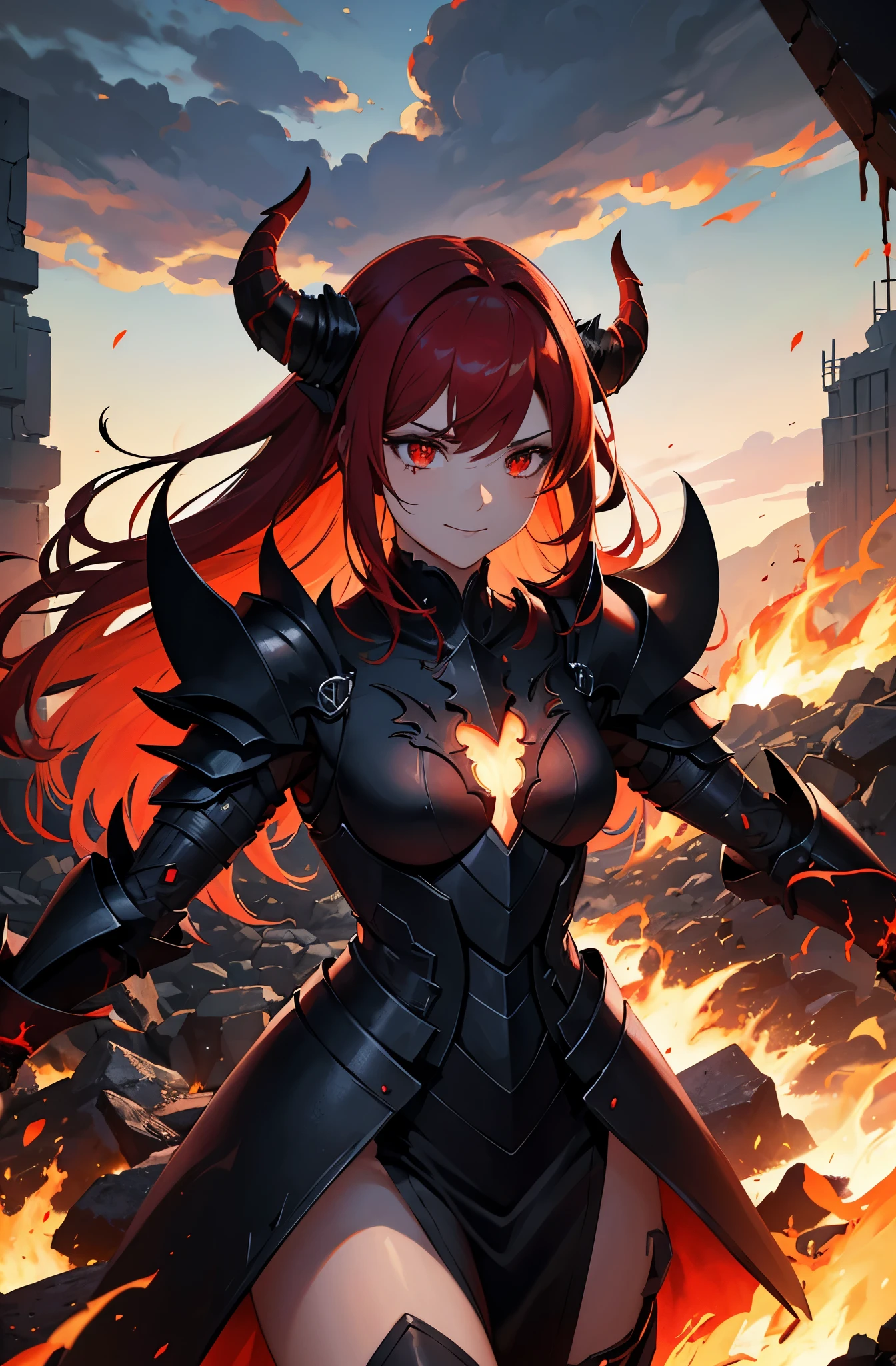 (high quality, detailed, realistic:1.2), demonic general, black flames armor, intense gaze, powerful presence, battlefield scene, glowing red eyes, menacing smile, flowing fiery hair, intricate armor design, smoky tendrils emerging from armor, dark and ominous atmosphere, dynamic and action-packed composition, epic battle between good and evil, sparks and embers flying, dramatic lighting, war-torn landscape with ruins and destruction, billowing smoke and ash, energetic brush strokes, vibrant colors with emphasis on red and black, dark and fiery color palette horns on the head.