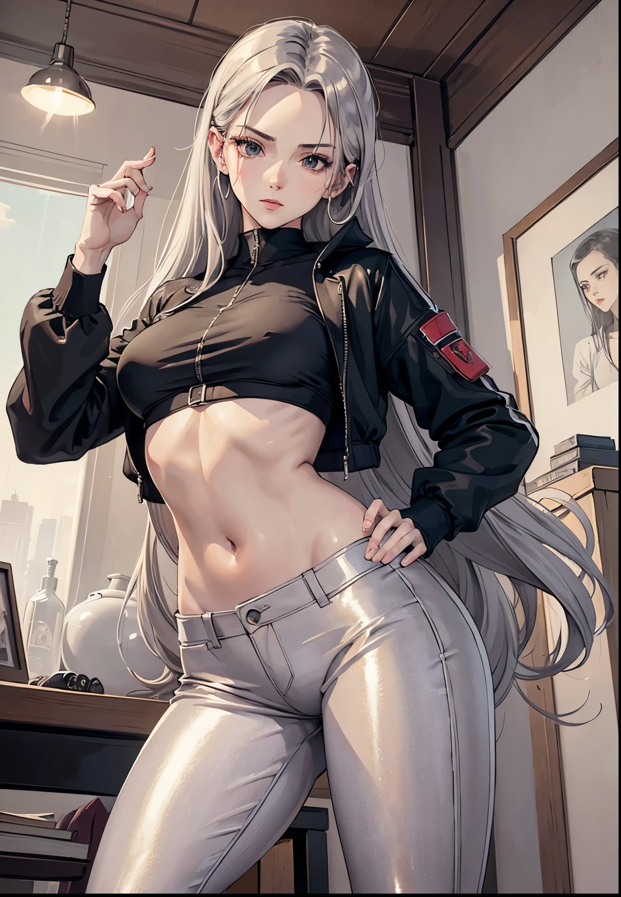 Best quality, masterpiece, portrait, perfect anatomy, irreproachable, 1 woman, One, Sexual, stylish, mature, Silver pants, croptop, jacket, Long hair, female, chill, queen, correct female anatomy,