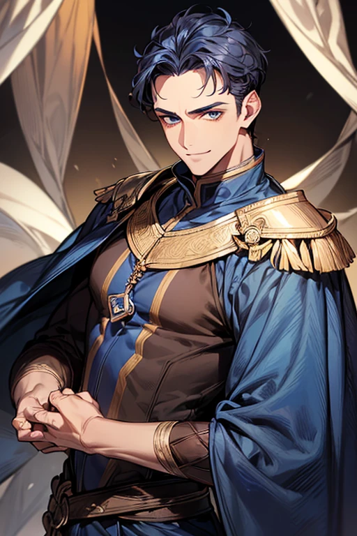 ((muste piece)), ((best quality)), ((brown skin)), ((dark blue eyes)), ((Dark blue hair))、handsome man , ((very very short hair、No bangs、Forehead、all back)), masculine、tall、sexy、Adult man、Three white eyes、handsome man、Kowamote、firmly、muscular、broad shoulders、smile、wild、とてもwild、Angle from top