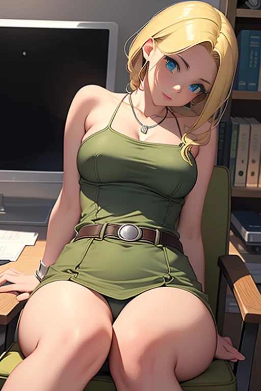 Bianca \(dragon quest\), bianca, dragon quest, (masterpiece, best quality, 4k, photorealistic, cinematic, ultra-detailed), wide shot, full body, perfect anatomy, curvaceous body, perfect eyes, perfect hands, large chest, long round legs, 1 girl, blonde hair, sitting in an office chair, ivory silk camisole top, olive green cropped trousers, tan strappy heels, effortless half-up half-down hairstyle, delicate layered necklace