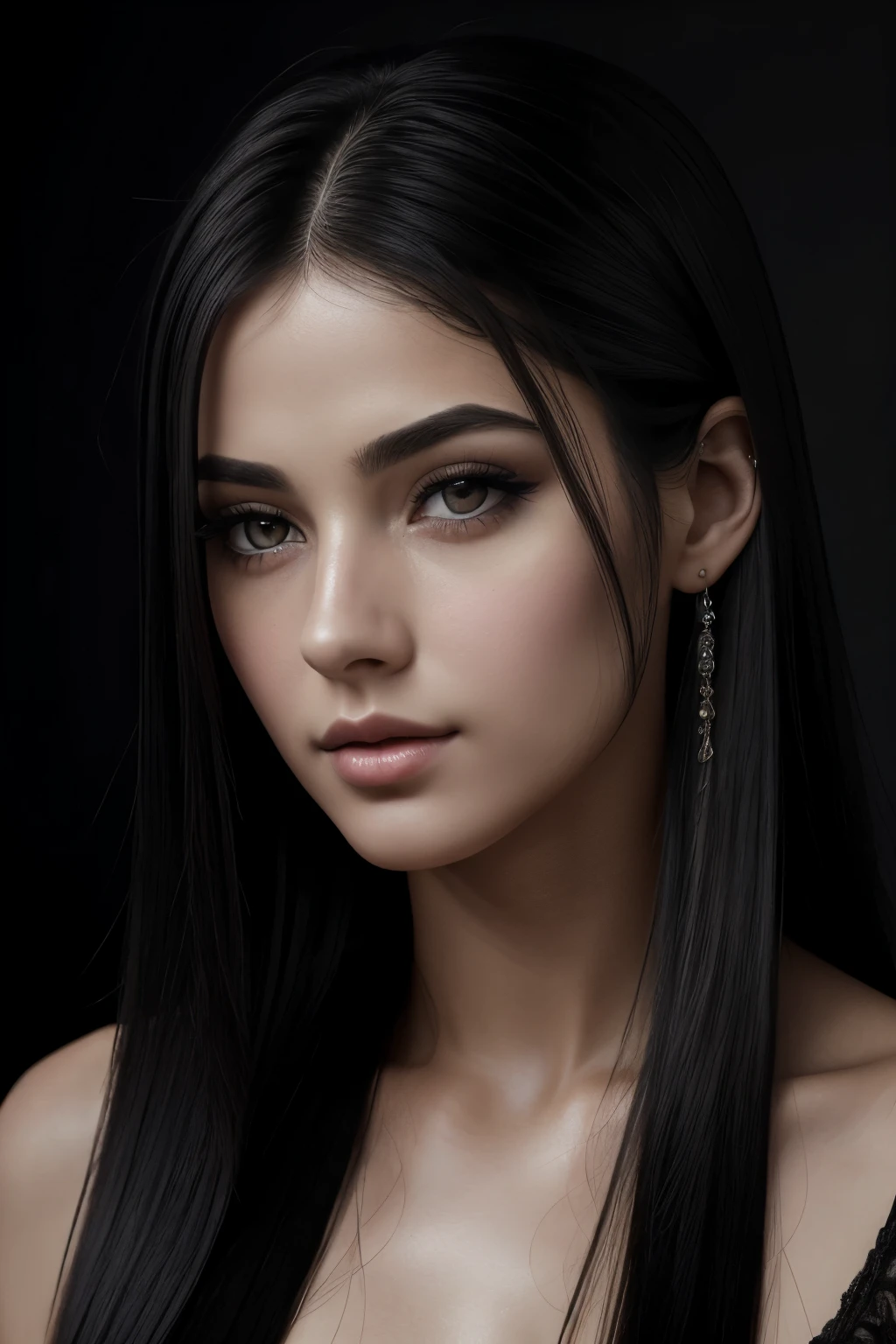 Best quality, masterpiece, ultra high res, (photorealistic:1.4), raw photo, 1girl, long straight black hair, makeup, parted lips,looking at viewer