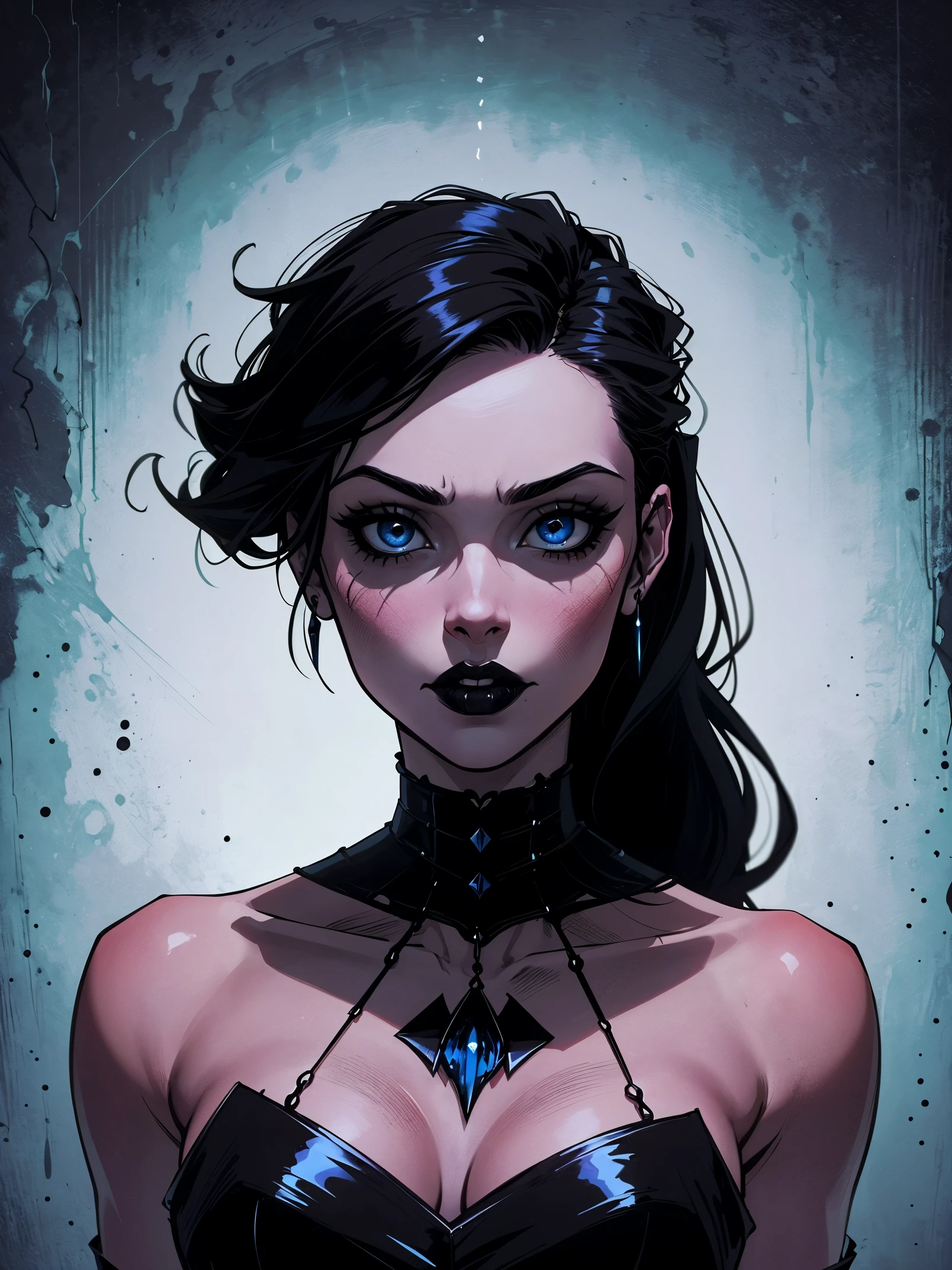 una mujer con cabello negro largo y vistiendo una falda corta negra, ojos azules, arte zombie, gothic art, nice aesthetic with vibe, cartoon aesthetic, vistiendo traje rojo, wearing gothic accessories, parecerse a cassie hack, backward, Mirando backward, retrato